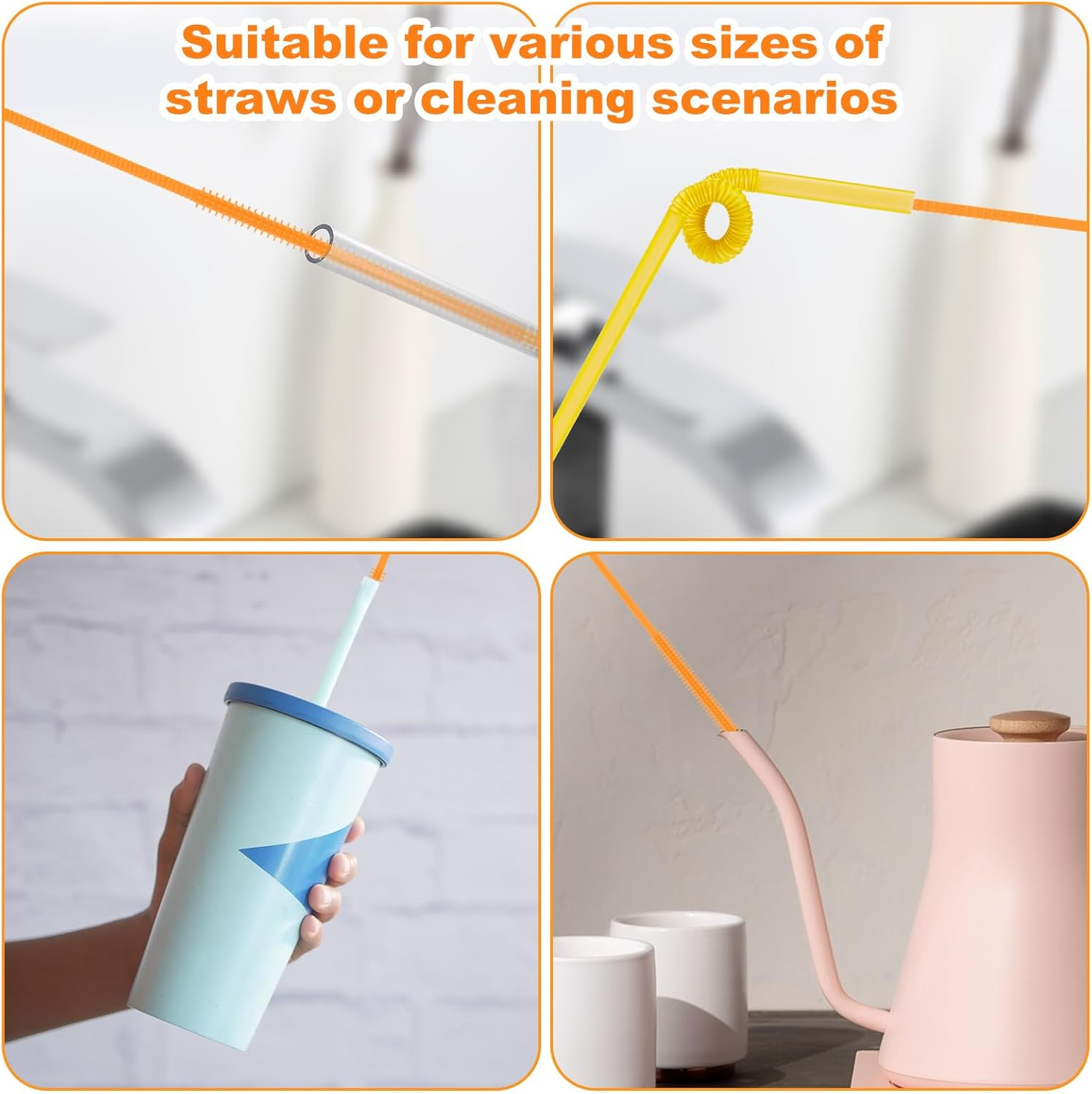 3Pcs Silicone Straw Cleaner Brush Set, Reusable Extra Long Straw Cleaning Tool with 3Mm 6Mm 9Mm Multi-Size Cleaning Accessories for Stanley Cup Water Bottle (Orange) image number 6