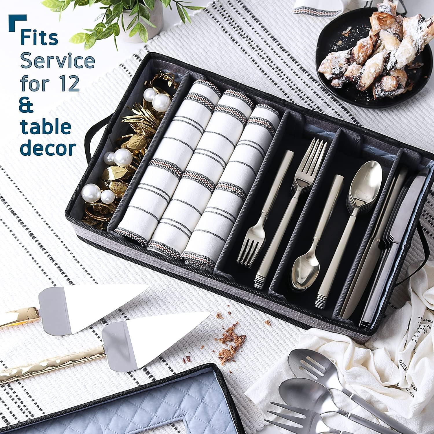 Flatware & Utensil Storage - Durable Silverware Storage Box with Padded Dividers, 5 Compartment Flatware Storage Case, Silverware Case with Handles and Removable Lid - Protects and Organizes Cutlery image number 3