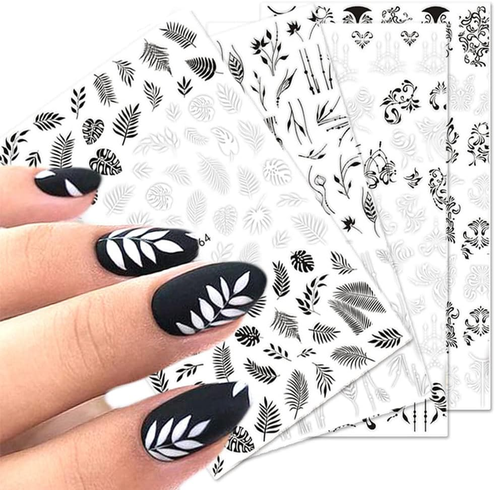 8 Sheets Black White Leaves Flowers Nail Stickers Decals,3D Self- Adhesive Retro Flower Vintage Vine Rose Flower Butterflies Nail Design Classic Fashion Simple Self Adhesive Sticker for Women Girls Nails Art DIY Decoration with 1 Pcs Anti-Static Tweezers image number 5