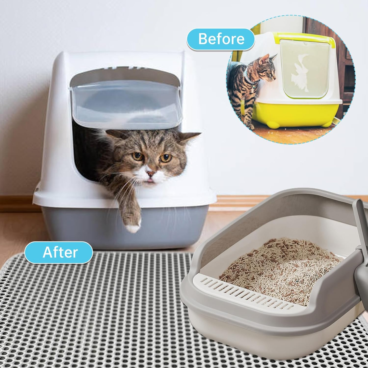 Cat Litter Tray Mat, Large Cat Litter Box Mat, Double Layer Urine, Waterproof, Easy Clean, Non-Slip, Machine Washable, Litter Control, Grey, Large, 24 X 18 Inch image number 1