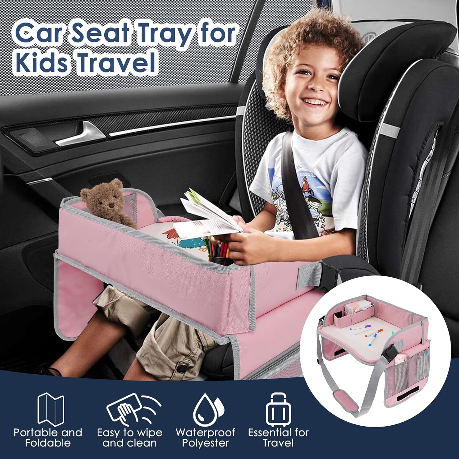 Car Seat Tray Enduring Kids Travel Tray Easy to Install Car Seat Table Tray with Adjustable Strap Portable Easy to Clean Car Seat Tray for Kids Travel Toddlers (Pink)