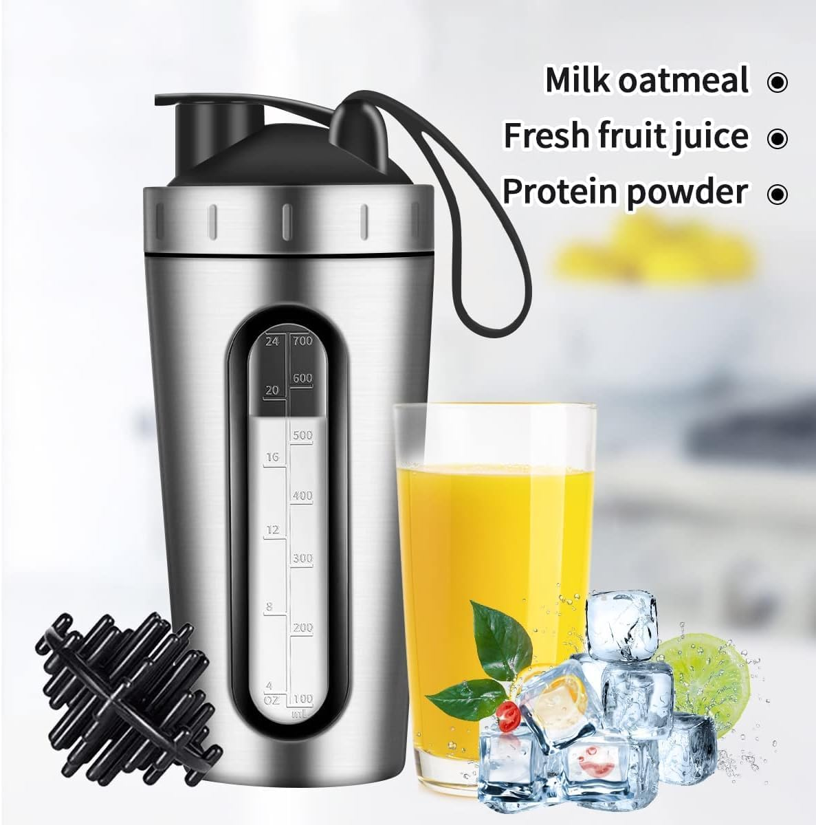 Protein Shaker Bottle, Silver 26Oz Shaker Bottles for Protein Mixes and Pre Workout, Visible Window Stainless Steel Protein Shaker Cup with Shaker Ball, Reusable Gym Drink Shaker Cup image number 5