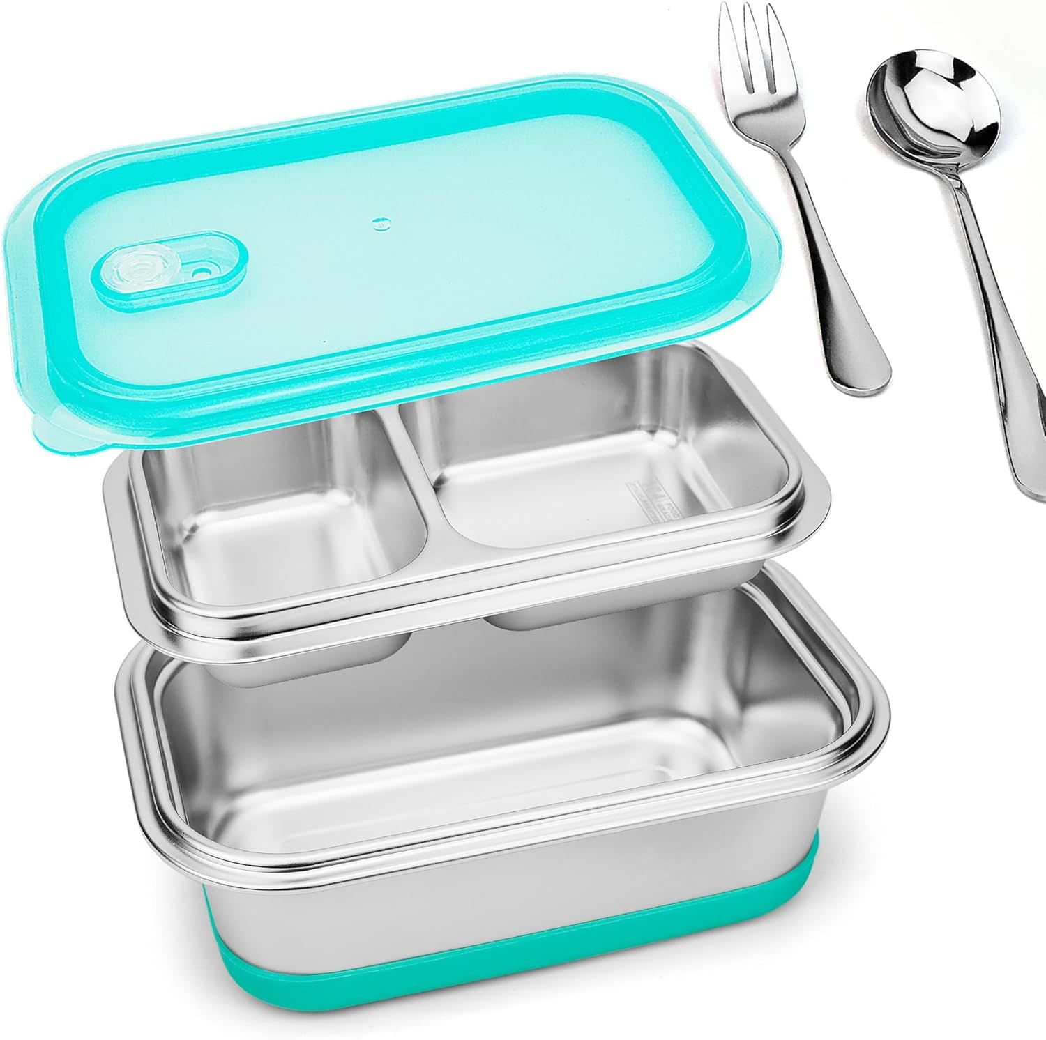 Stainless Steel Lunch Container, Metal Bento Box Snack Container with Leakpproof Lid, Stainless Steel Food Container with Spoon & Fork, 6.7X 4.9IN for Meal Prep Camping