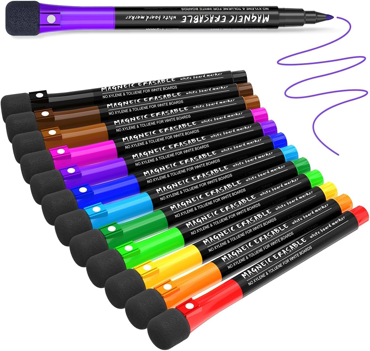 JR.WHITE Magnetic Dry Erase Markers, Fine Point Tip, 12 Colors, Low Odor, White Board Markers with Eraser Cap, Safe for Kids, Teachers, Office & School Supplies