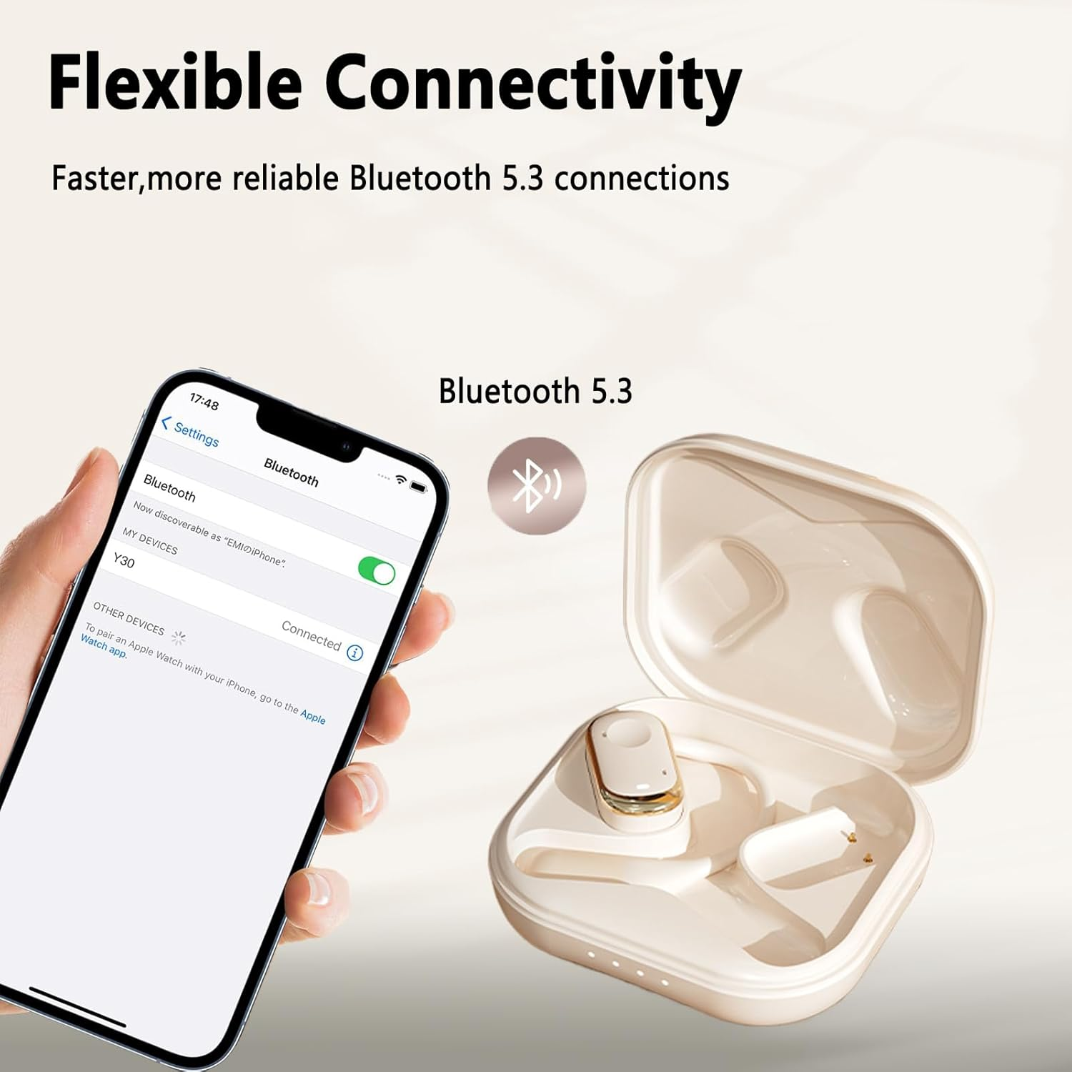 SPOTFISH Open Ear Headphones Bluetooth 5.3, Wireless Earbuds 14.2Mm Enhanced Bass,Immersive Stereo Sound By,Hanging Ear Sports Earphones,4 Mics Clear Calls-Y30 (Beige - Black image number 3