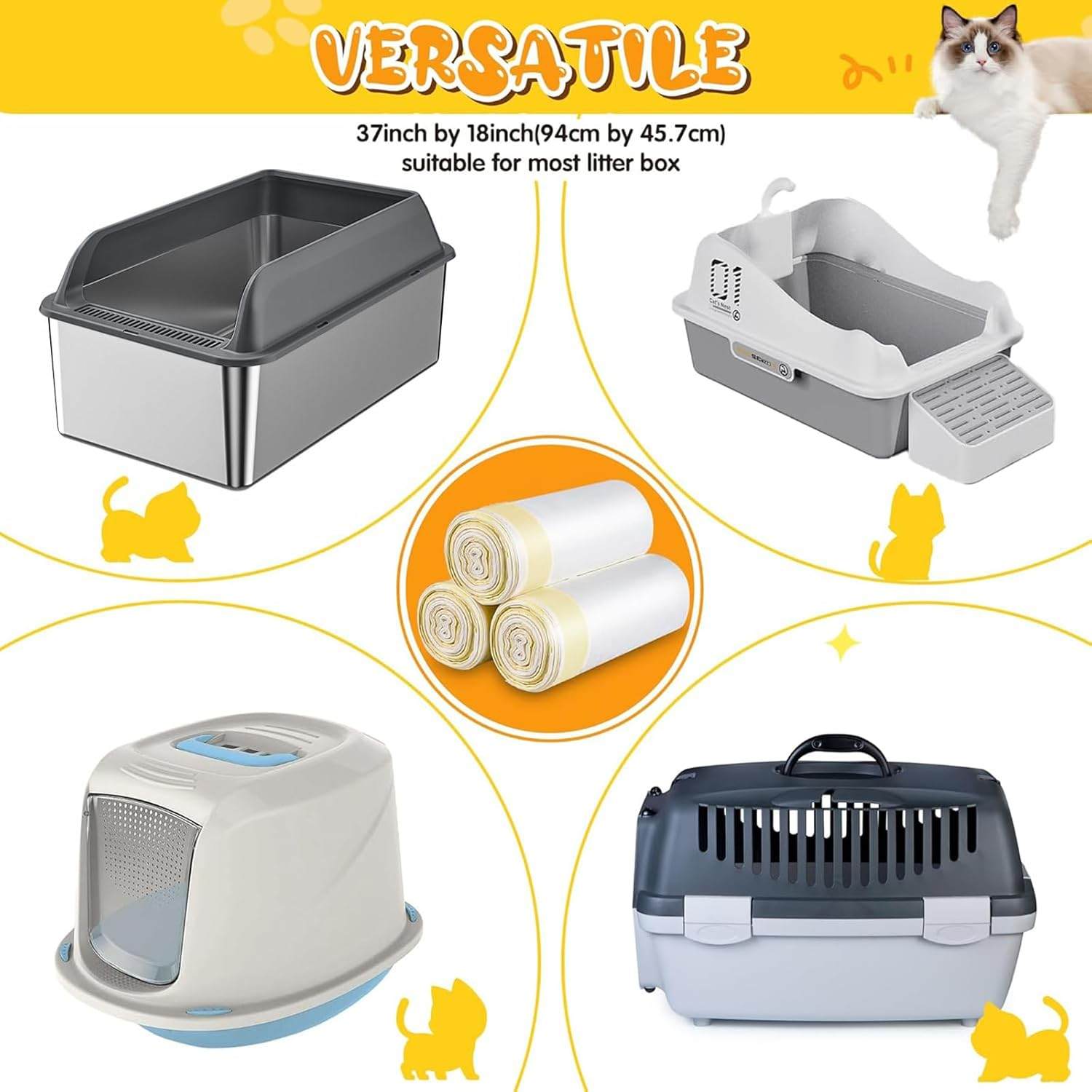 60 Count Extra Thick Jumbo Drawstring Cat Litter Box Liners 94 * 45.7Cm, Large Cat Litter Bags for Stainless Steel Sifting Litter Box and Automatic Cat Litter Box, Extra Thick Drawstring Litter Liner