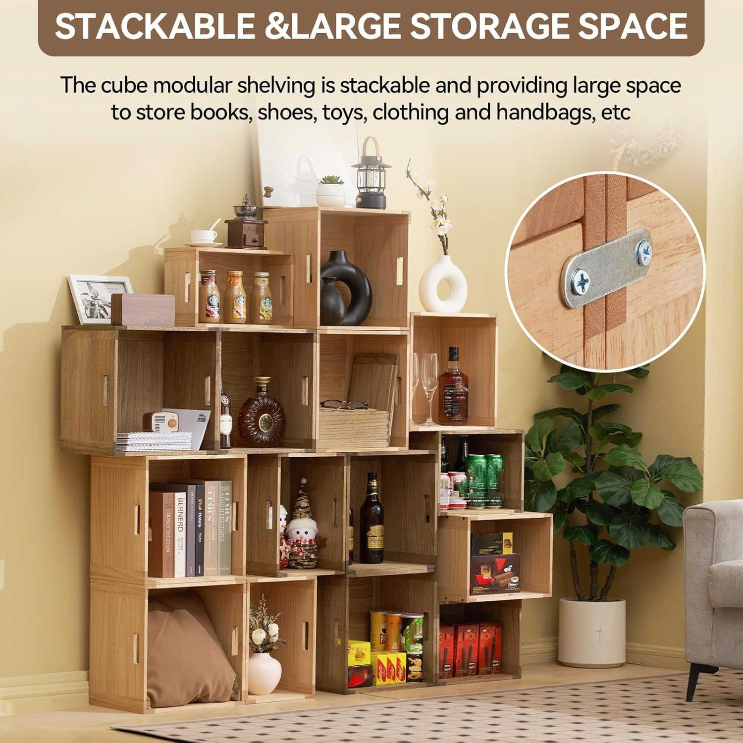 KIRIGEN Stackable Wood Storage Cube /Basket/ Bins Organizer for Home Books Clothes Toy - Modular Open Cubby Storage System - Office Bookcase Closet Shelves C15-DBR image number 4