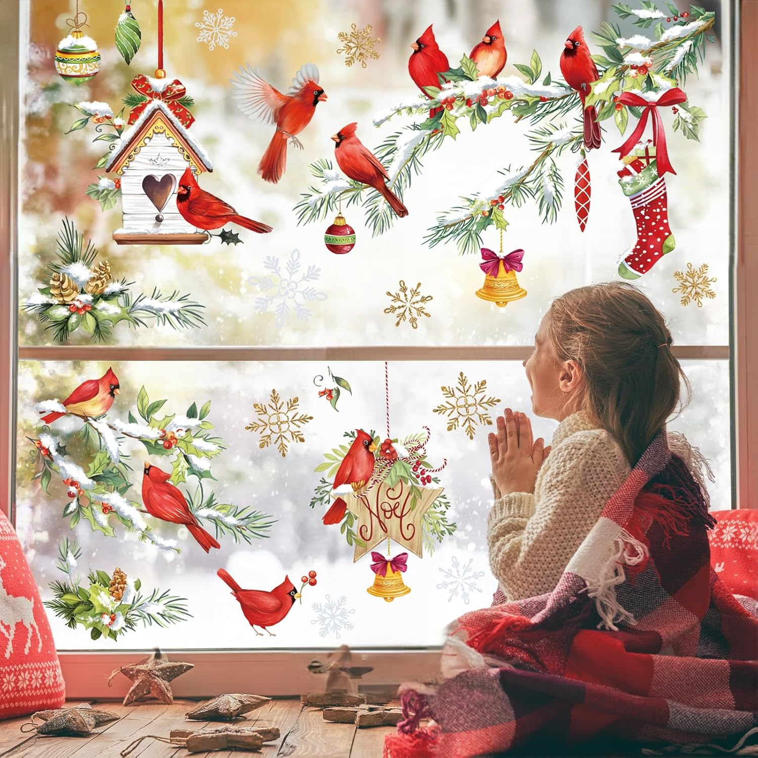 Wondever Red Birds Tree Branch Window Clings Cardinal Glass Sticker Decal anti Collision Double-Side Static Window Decals for Home Glass image number 1