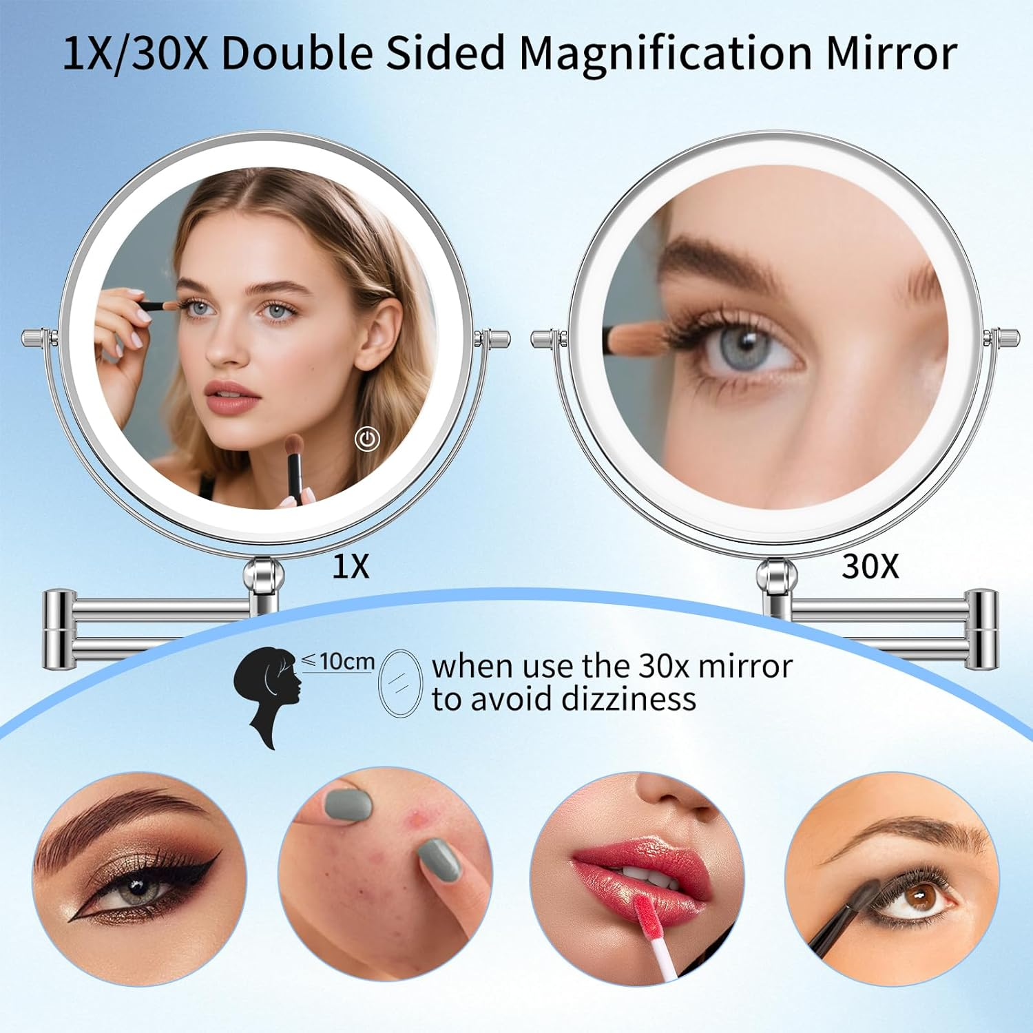 FUNTOUCH 4000 Mah Rechargeable Cosmetic Mirror with 1X/20X Magnification, Dimmable Shaving Mirror 3 Colours, Touchscreen LED Make-Up Mirror, 360&deg; Rotatable, Wall Mirror for Bathroom and Hotel