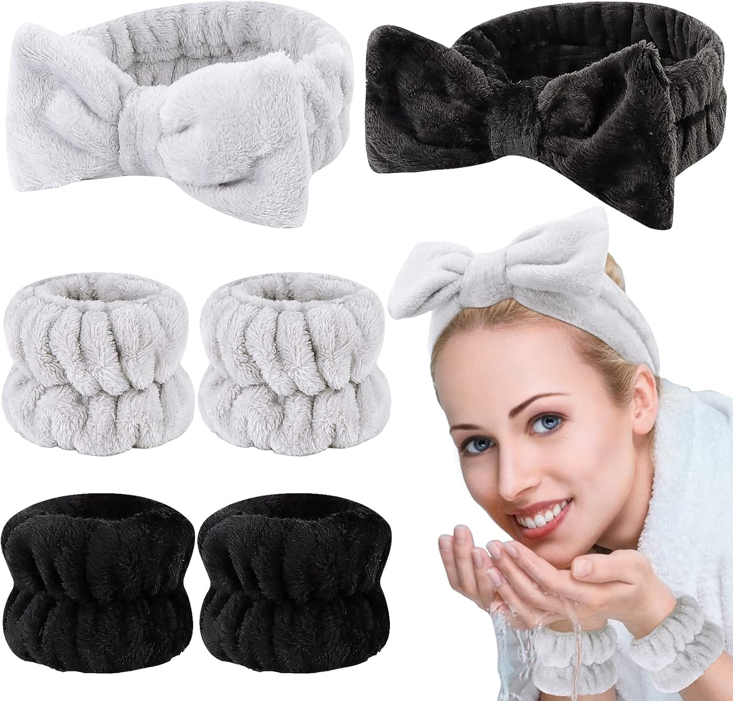 Casoty 6 Pcs Black Microfiber Hairband Set Soft Coral Fleece Material, Good Elasticity, Wide Application for Makeup Headband, Yoga, Reading, Work, Halloween Costume, Pajama Parties