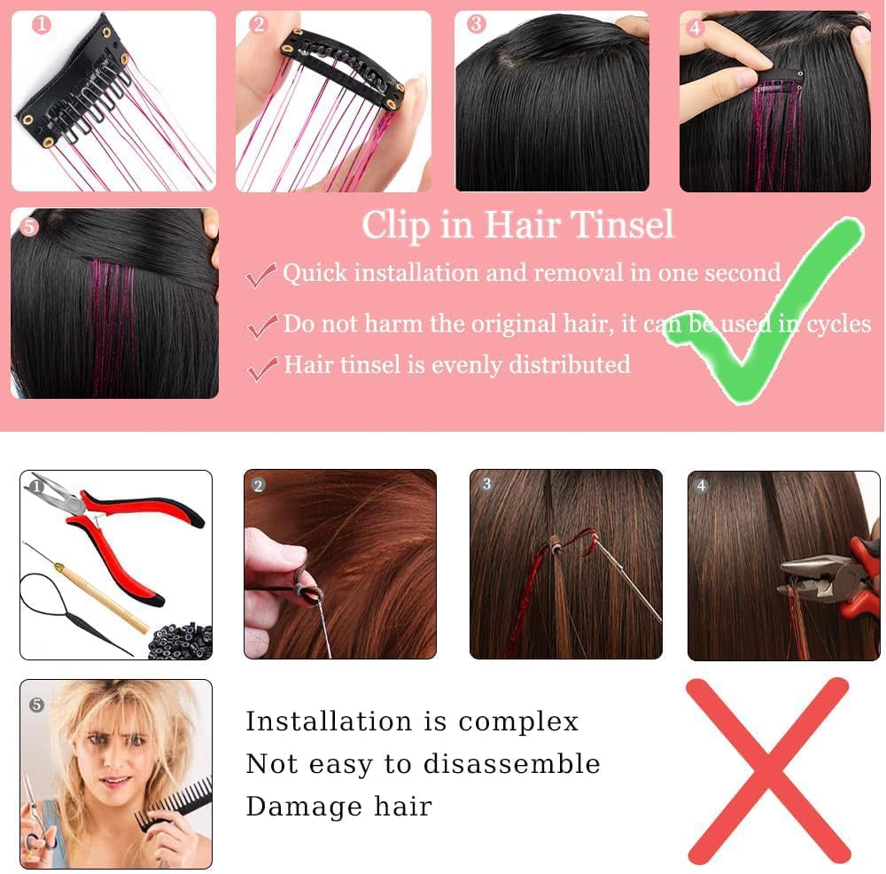 Hair Tinsel Pack of 12 Pcs Clip in Hair Tinsel 20 Inch Glitter Pink Tinsel Hair Extensions, Festival Tinsel Fairy Hair Extension Party Dazzle Accessories Strands Kit (Silver) - Silver image number 6