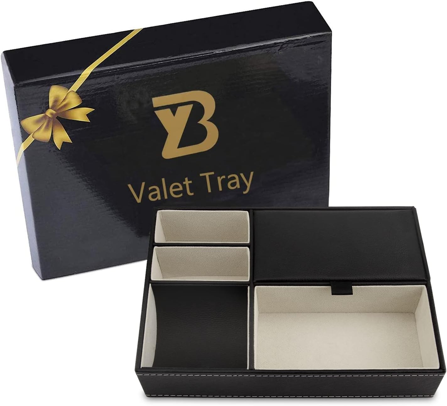 BAOYUN Valet Tray - Leather Mens Night Stand Organizer with 5 Compartment for Wallet, Phone, Sunglasses, Coins, Keys, Jewelry image number 2