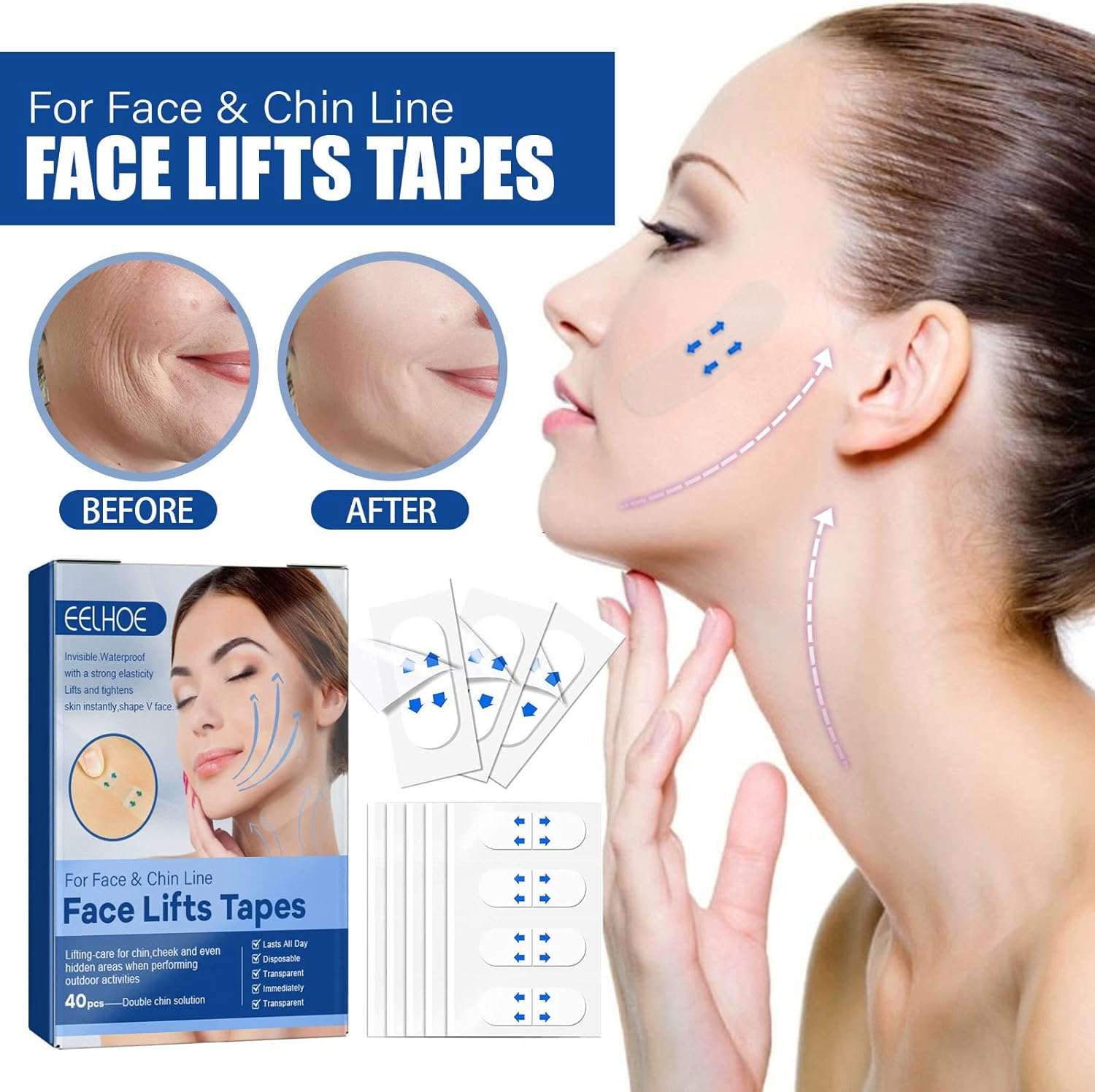 RAYWE 40PCS V Face Invisible Tape Face Lifting Firming Adhevise Tape Skin-Friendly Soft Elastic Waterproof Lasting Lifting Patch