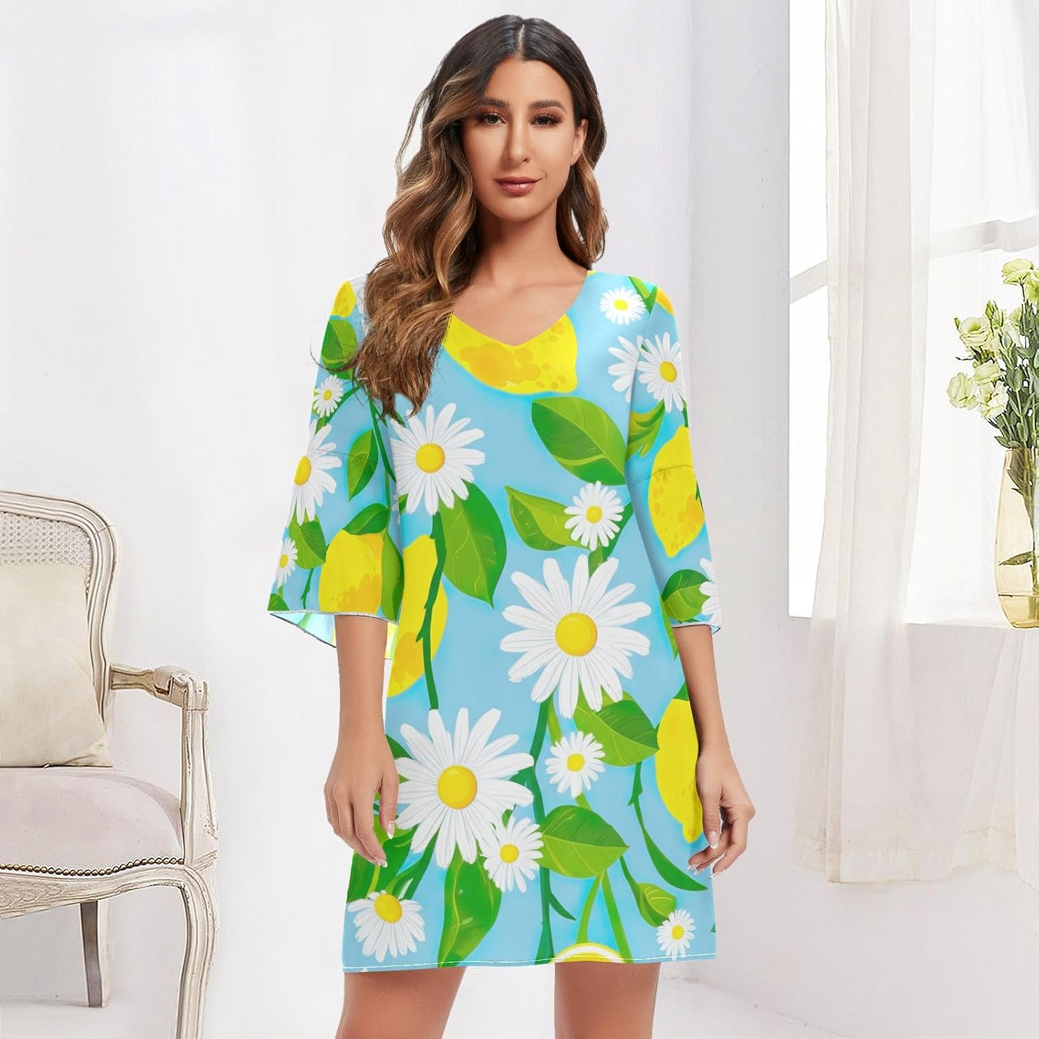 White Daisies Yellow Lemons Casual Dress Printed Line Maternity Dress S-XXL image number 3