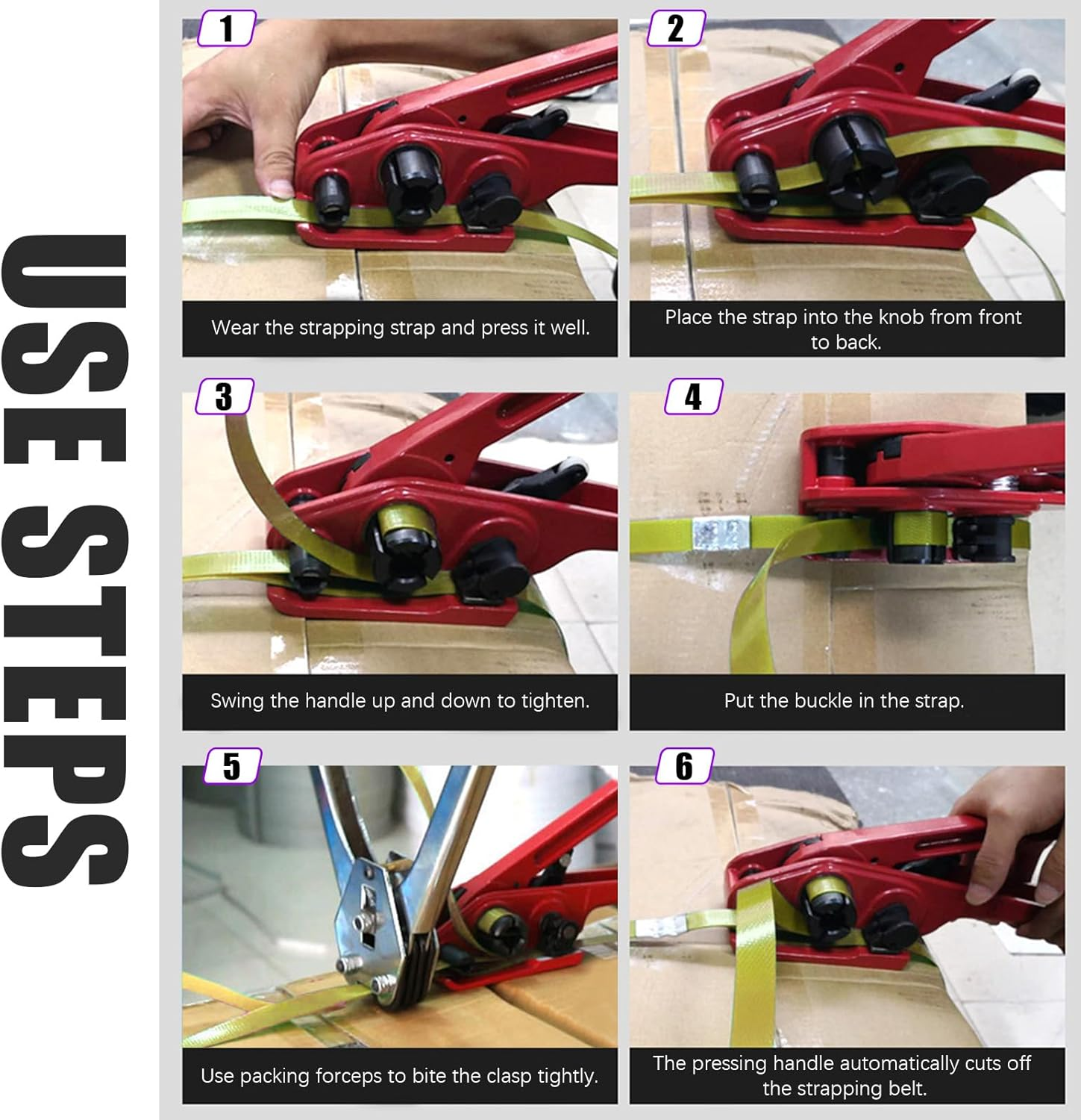 Swpeet 284Pcs Pallet Packing Strapping Tool, Heavy Duty Banding Tool Sealer, 4 in 1 Strapping Kit PET Strapping Sealer, 100Pcs Cardboard Edge Protectors, 180Pcs Metal Seals for Packing image number 4