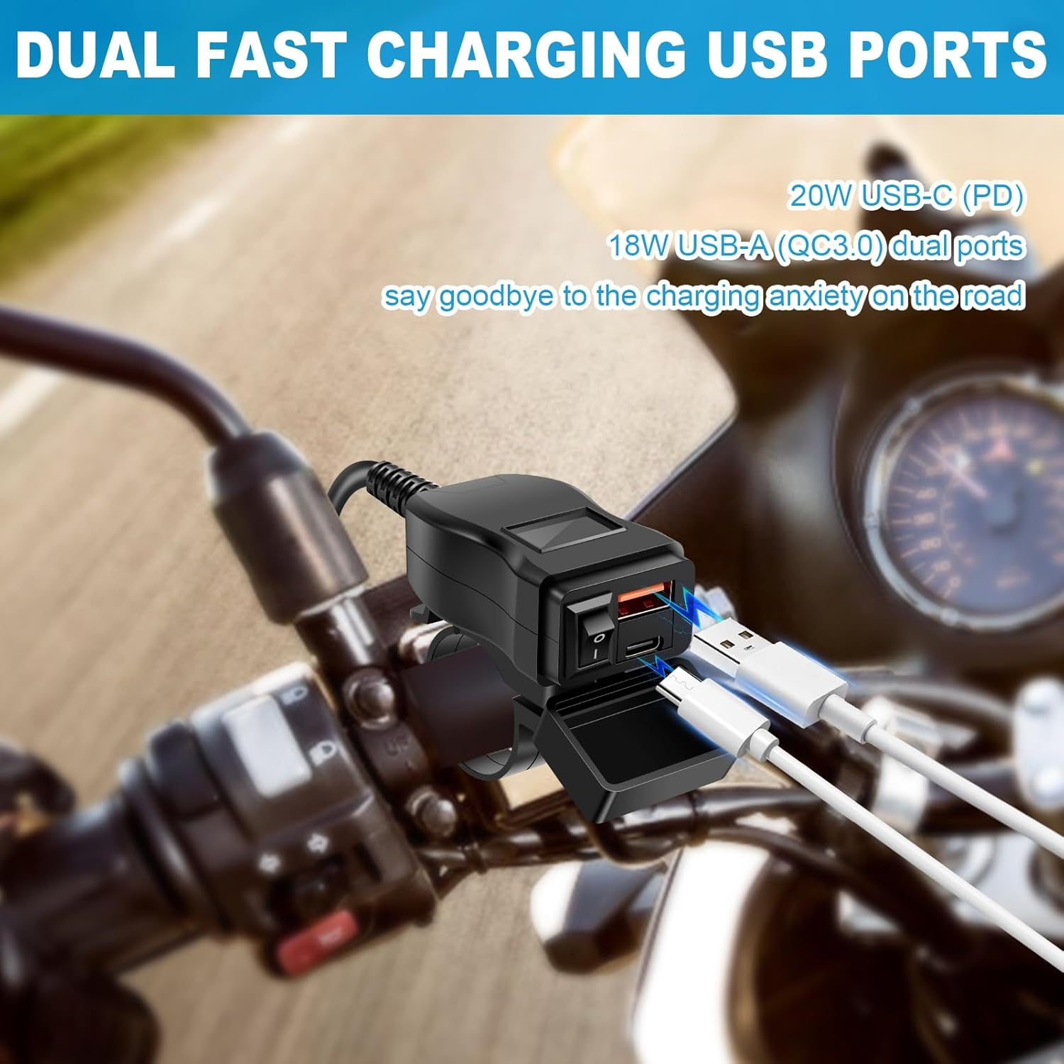 CCJZBCAU Motorcycle USB Charger Waterproof SAE to USB Motorcycle Charger Double USB Type C PD and Quick Charge 3.0 Motorcycle Phone Charger Handlebar Mount with Voltmeter and On/Off Switch for Phone image number 4