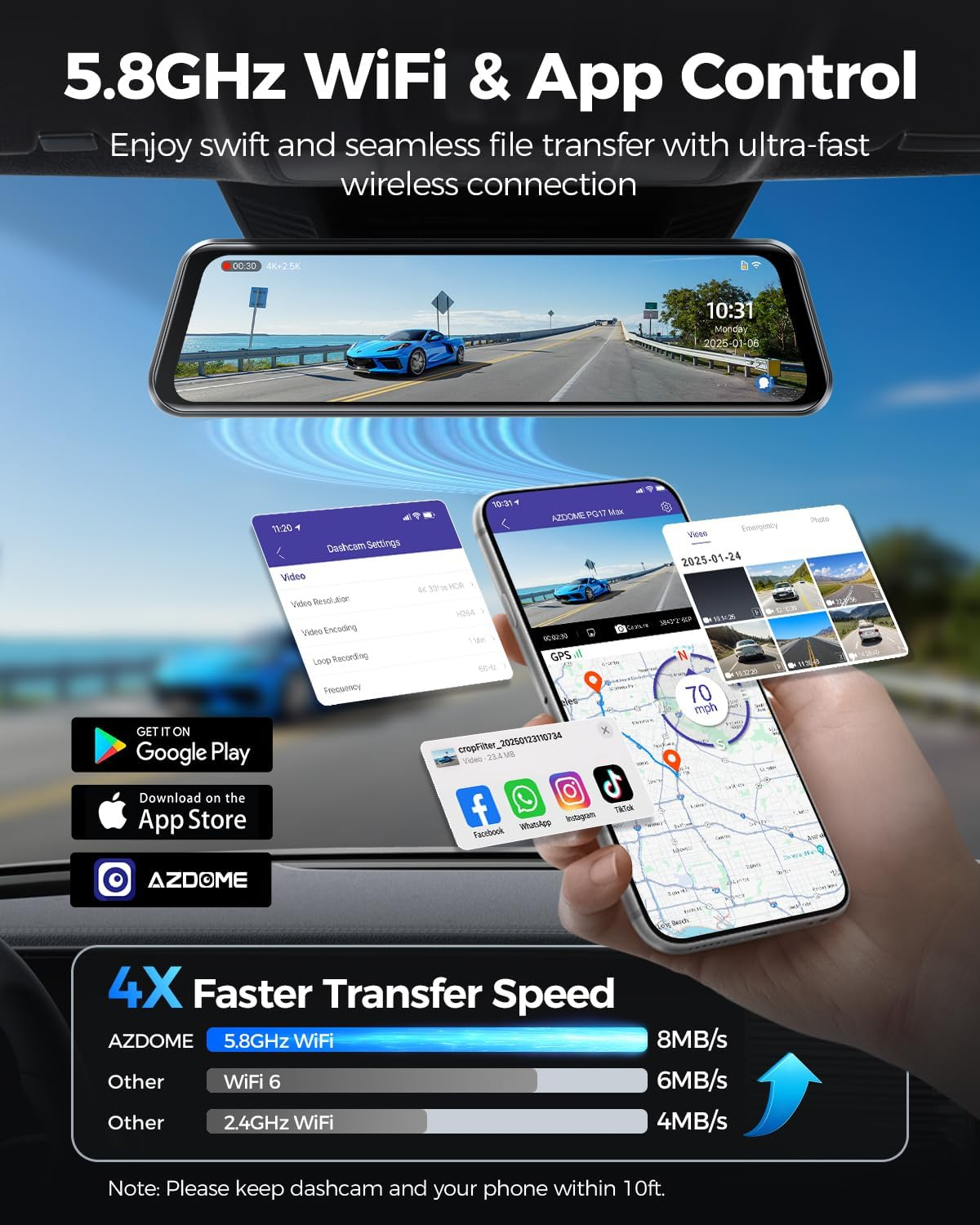 AZDOME PG17 Max 4K+2.5K Mirror Dash Cam with ADAS, BSD and LCA, 12" Rear View Mirror Camera with 5Ghz Wifi and Voice Control, Rearview Mirror Backup Camera Includes 64GB Card, GPS, Parking Monitor image number 5