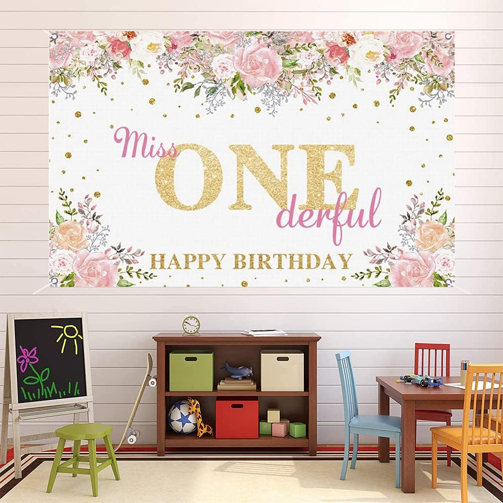 Miss Onederful Birthday Backdrop Watercolor Flowers Golden Dots First Birthday Photography Backdrop Baby Girl Happy 1St Birthday Party Decorations Supplies 120Cm image number 1