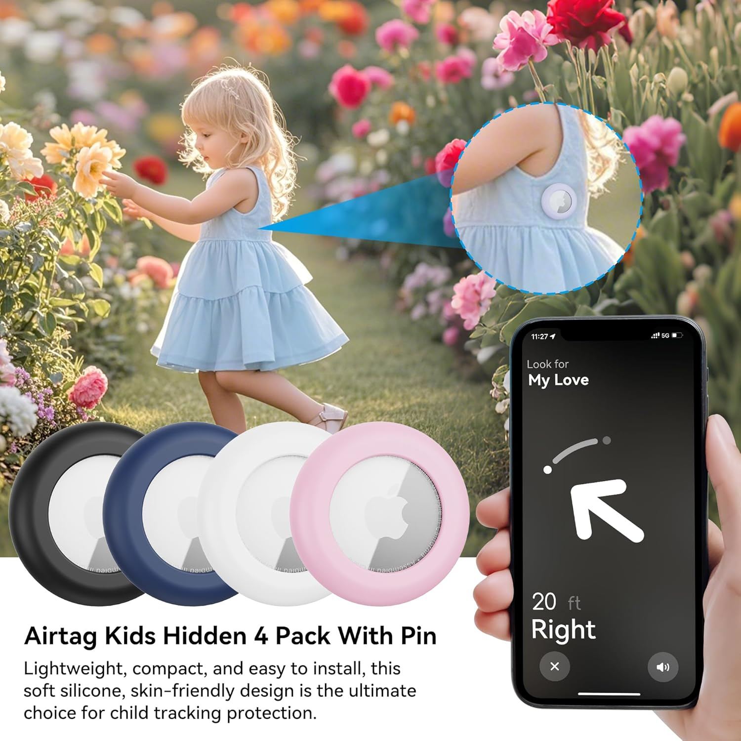 4 Pack for Apple Airtag Holder,Waterproof Silicone Air Tag Case for Kids with Invisible Pin, Safety Pins Hidden inside Clothes,Backpack for Children Elderly image number 2