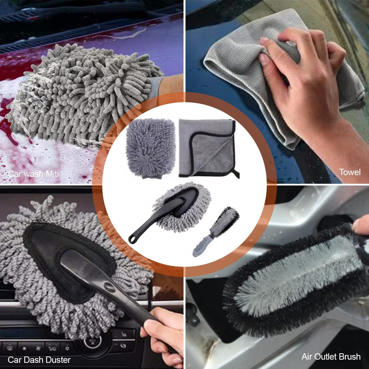 10 PCS Car Wash Tool Cleaning Kit with Storage Bag - Microfiber Mitts, Drying Towel, Waffle Cloths, Alloy Wheel Brush, 2 Detail Brushes, Valeting Essentials, Set image number 1