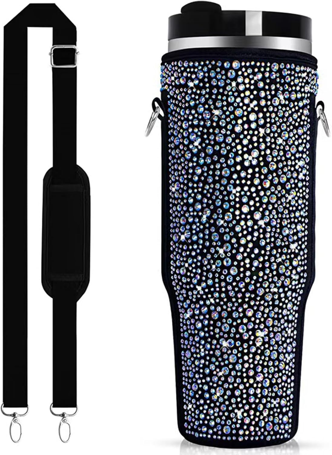 Bling Water Bottle Carrier Bag for Stanley Quencher H2.0 & Adventure 40 Oz Tumbler with Handle, Neoprene Water Bottle Holder with Adjustable Strap for Stanley Cup Accessories (Black)