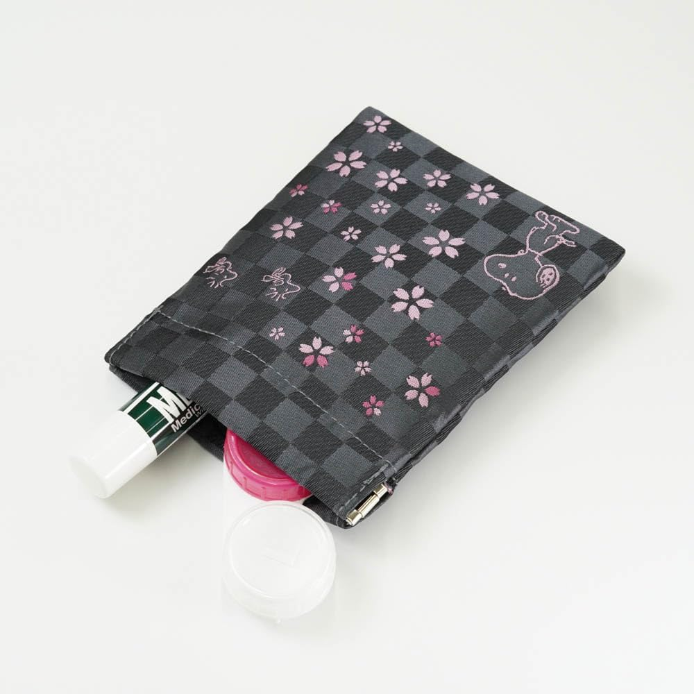Peanuts PNDW1485 Cosmetic Case, Peanuts Spring Pouch, Snoopy, Cherry Blossom and Checkered Pattern, Gray image number 4