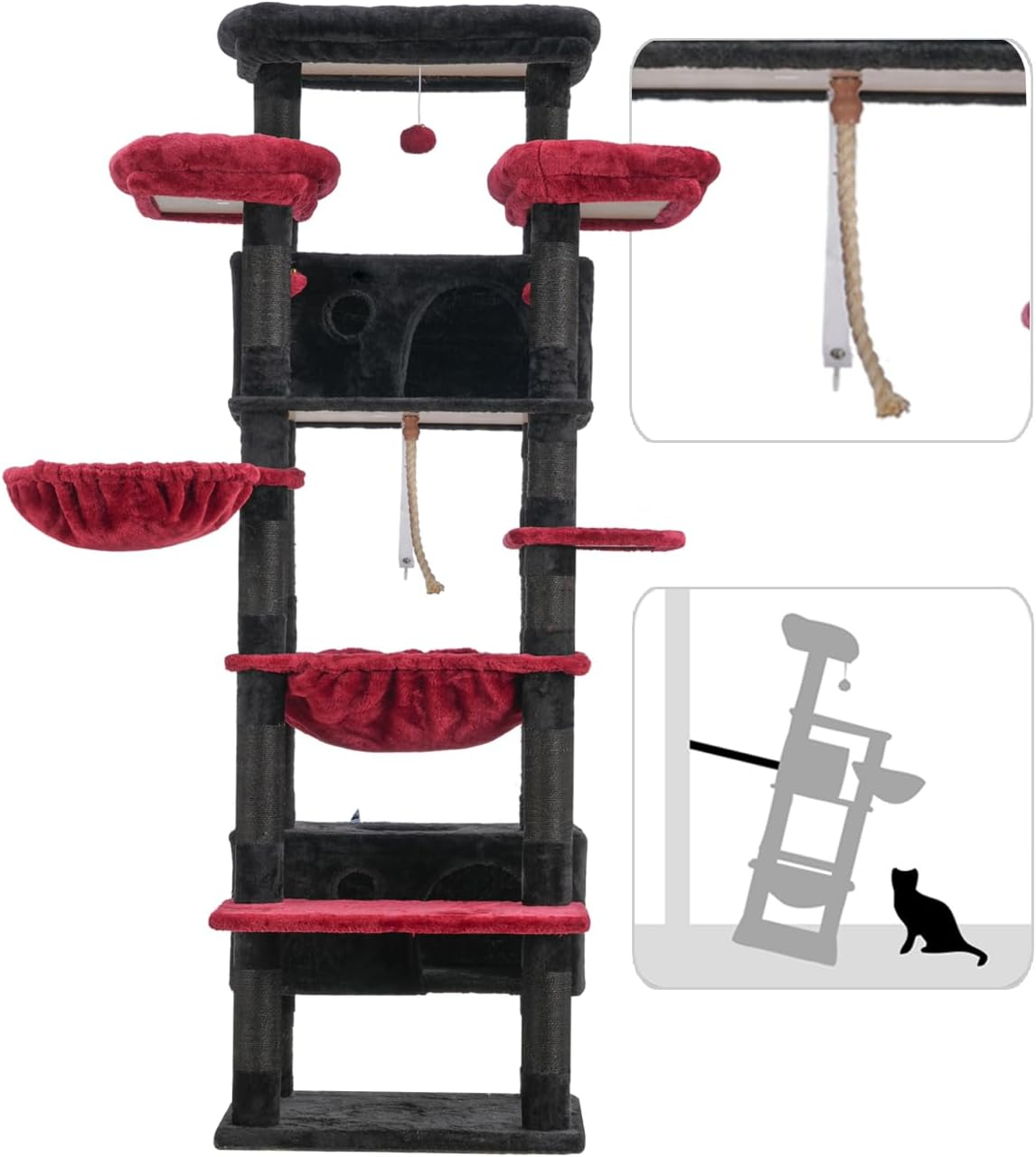 Cat Tree for Indoor Cats Large Adult, 188Cm Cat Tower for with 3 Big Platforms, 2 Baskets, 2 Condos, Multi-Level Cat Scratching Posts, Black and Red GCT030BR image number 6