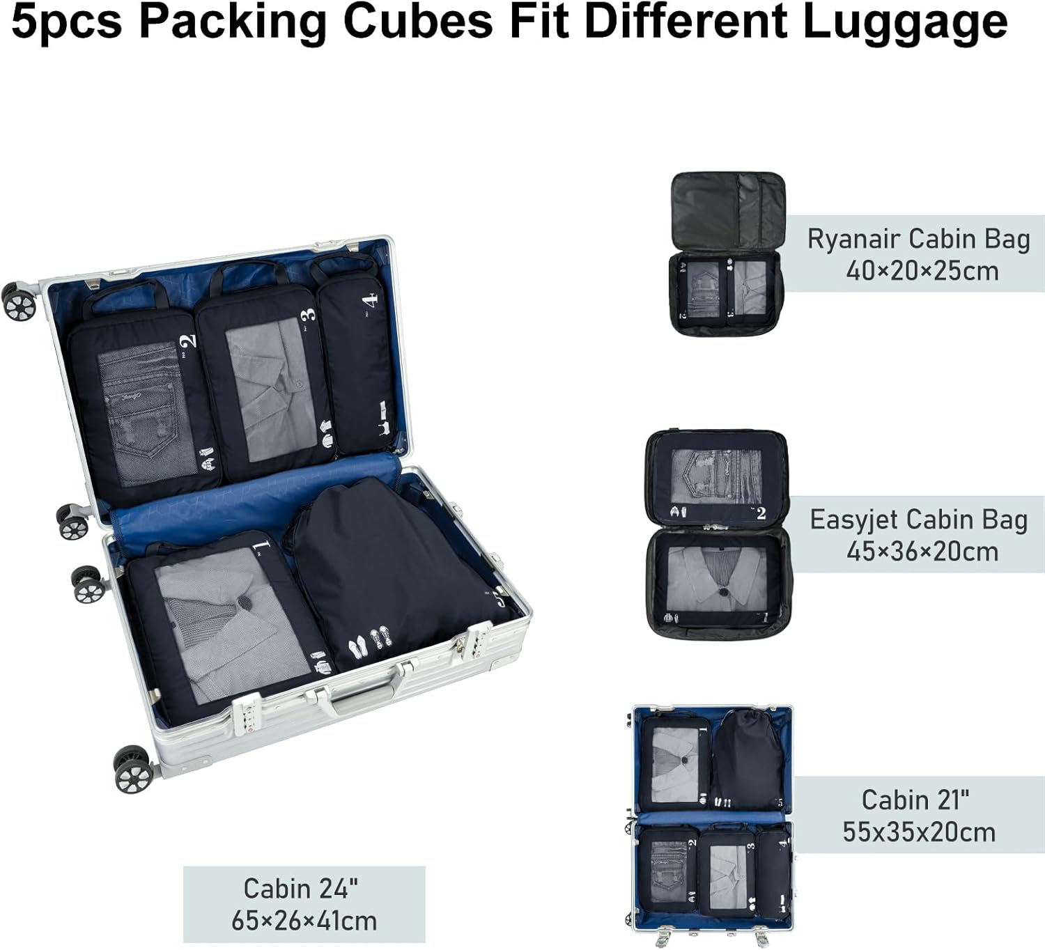 ECOHUB 5 Set Compression Packing Cubes for Suitcases, Travel Organizer Bags with Shoes Bag, Tear Resistant, Machine Washable, Dark Blue - Beige image number 4