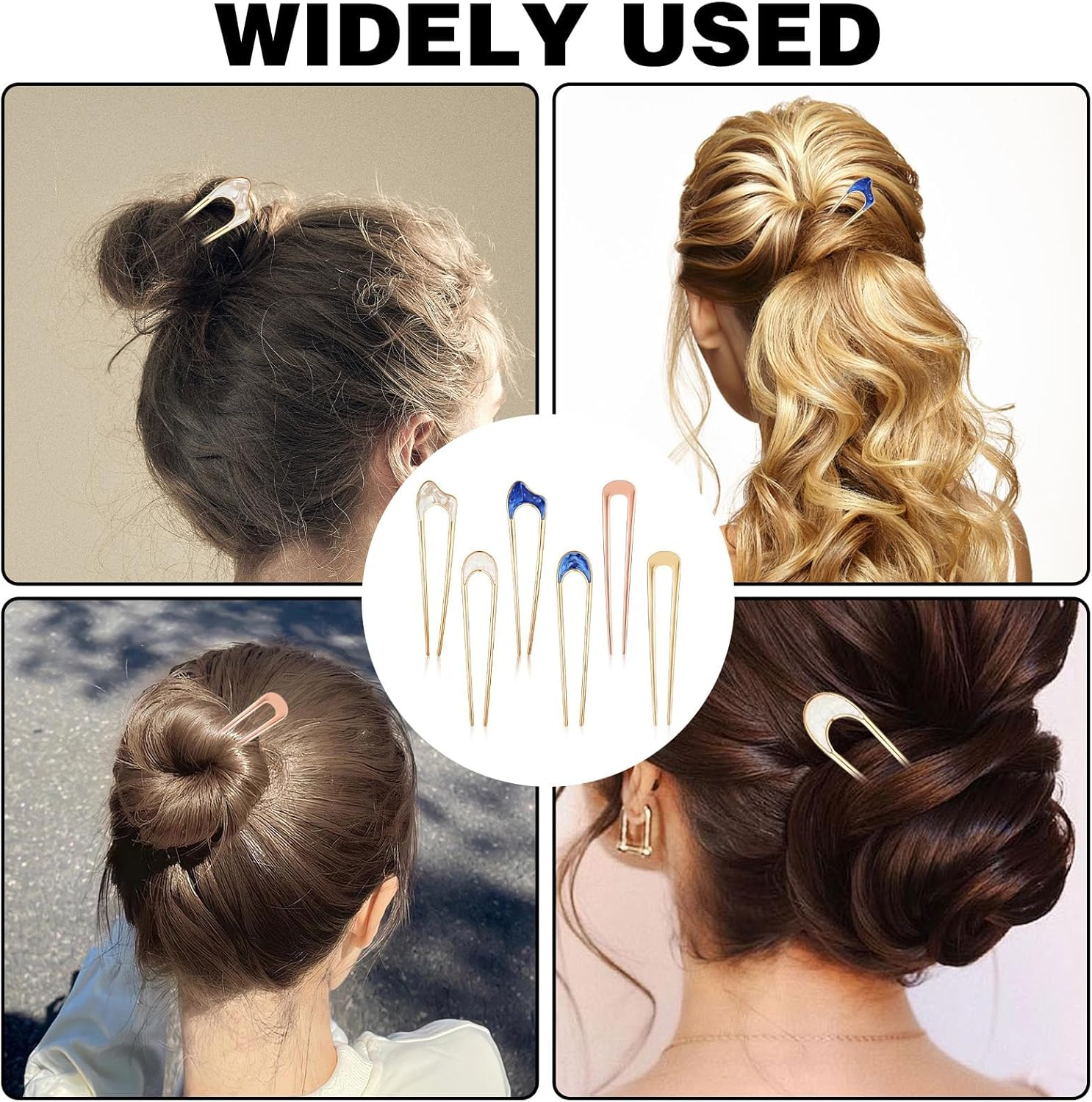 6 Pcs U French Hair Pins Women Metal for Hair Bun U Shaped French Twist Pin Gold Blue Thick Thin Chignon Hairstyles Accessories Classical Sticks for Women Girls Holiday Gifts Wedding Updo Top Knots image number 1