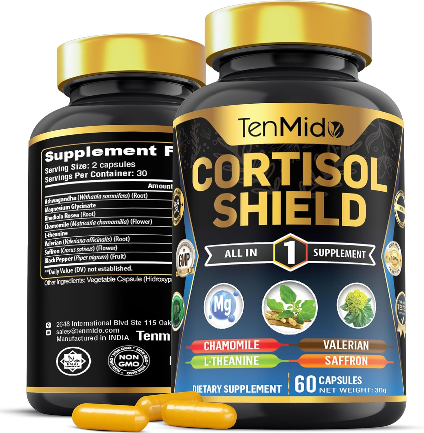 Cortisol Shield Supplement - 8In1 with Ashwagandha, Magnesium Glycinate, Rhodiola Rosea, Chamomile, L-Theanine & More - 60 Vegan & Non-Gmo Capsules image number 1