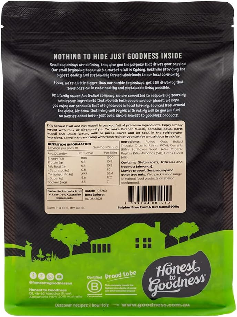 Honest to Goodness, Sulphur Free Fruit & Nut Muesli, 900G - a Handcrafted Blend, Made from Premium Ingredients. to Make Bircher Muesli or Enjoyed with Fresh Fruit. image number 1