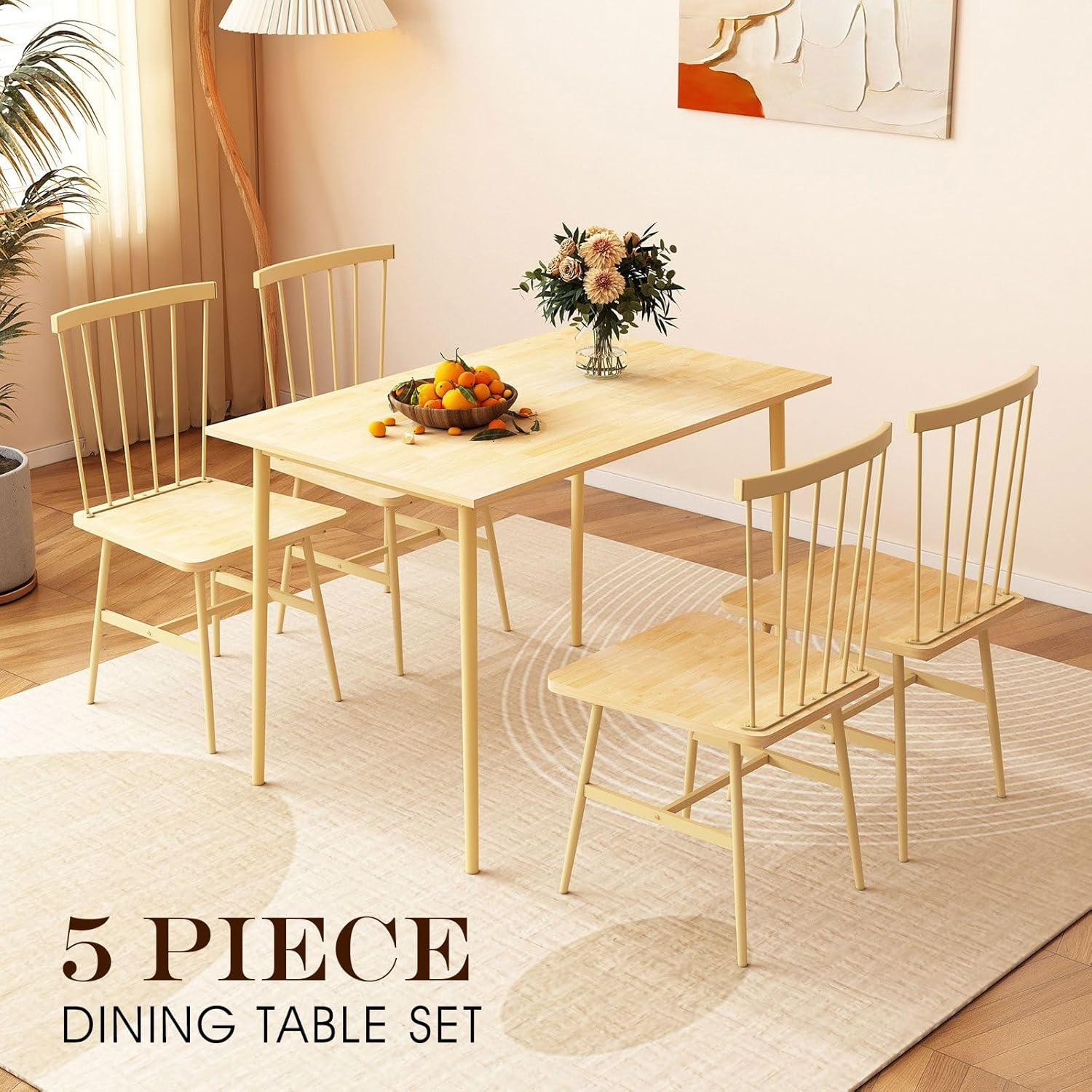 Luxsuite 5Pcs Dining Table & Chairs Set Mid Century Style Wooden Chairs Spindle Back Kitchen Dining Room Chairs Oak image number 1