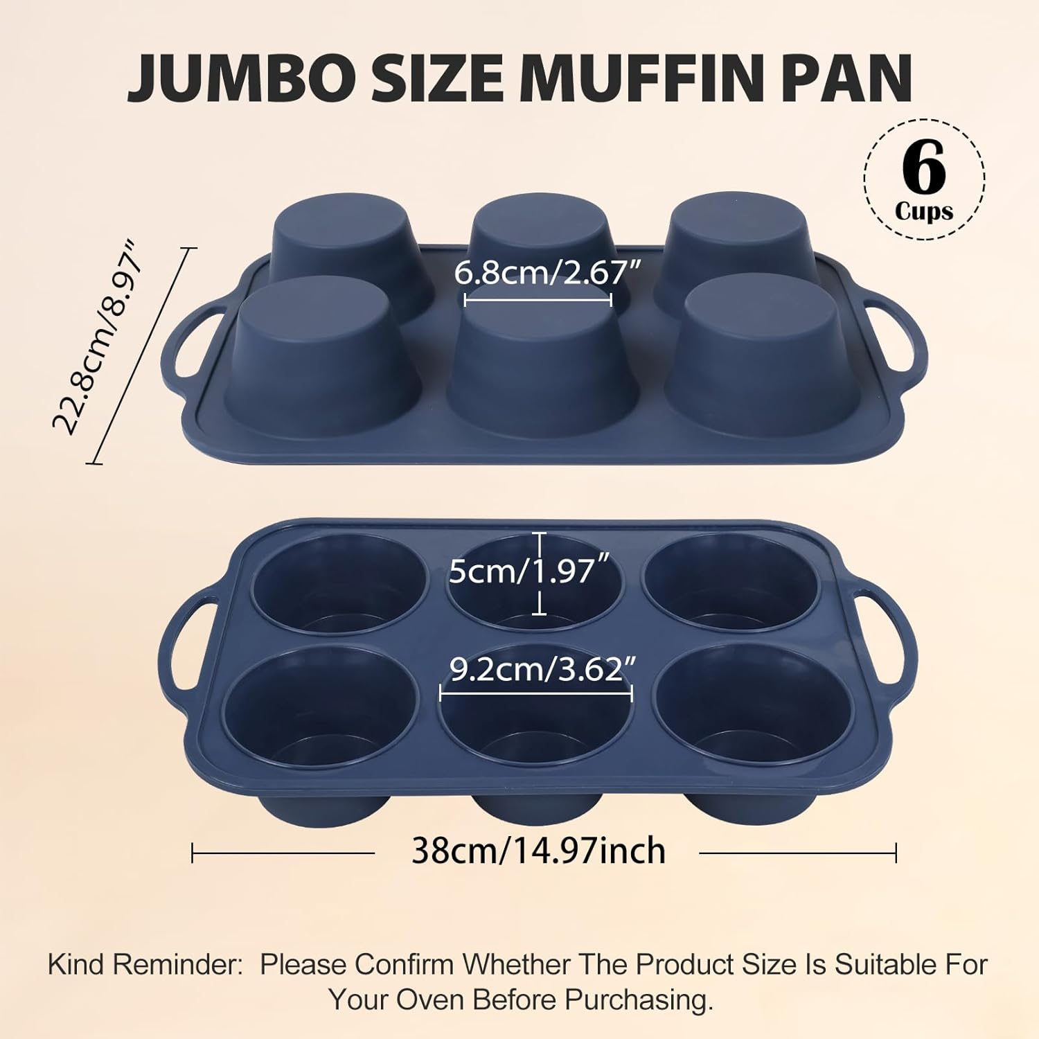 Folksy Super Kitchen Jumbo Silicone Muffin Pan with Metal Frame, Non Stick Silicone Cupcake Pan with Handles 6 Cup, BPA Free Silicon Muffin Tin Tray Extra Large for Baking, Egg Bites,Cupcake Mold Grey image number 5