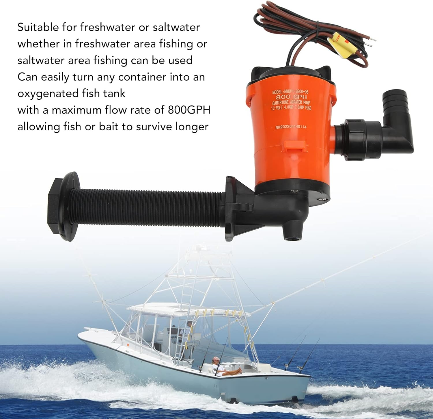 Livewell Pump, 12V 800GPH Livewell Pump Bait Tank Aerator Live Bait Tank Aerator Submersible Cartridge 90 Degree Boat Bilge Pump for Marine image number 2