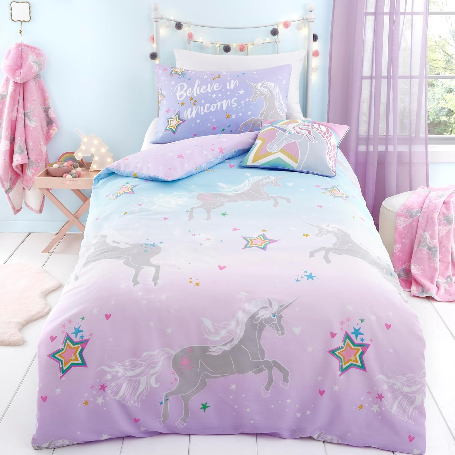Bedlam Ombre Unicorn Glow in the Dark Duvet Cover Set Double Lilac image number 1