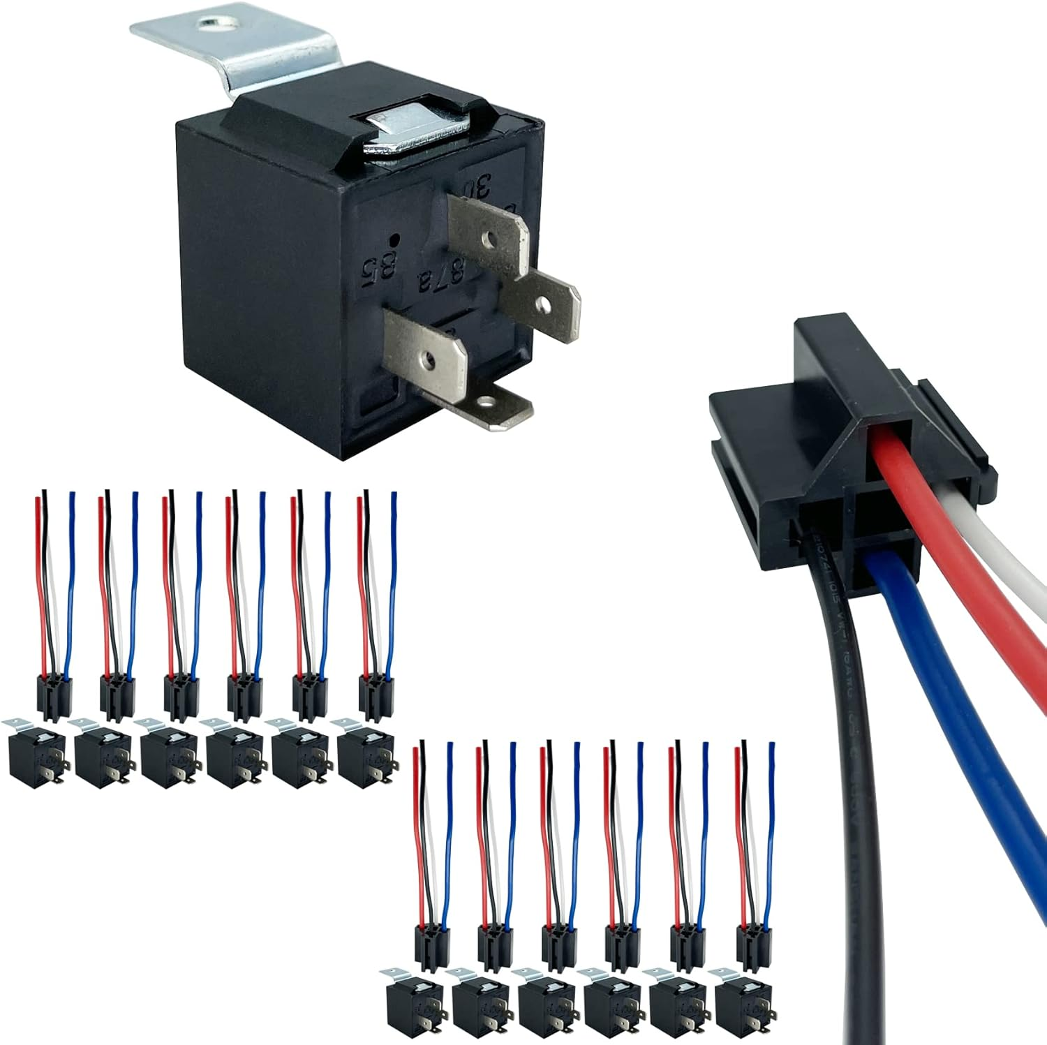 6 PACK 4 Pin SPST 40/30 AMP 12 V DC Relay and Harness - Heavy Duty 12 AWG Tinned Copper Wires, Bosch Style Automotive Relay image number 4