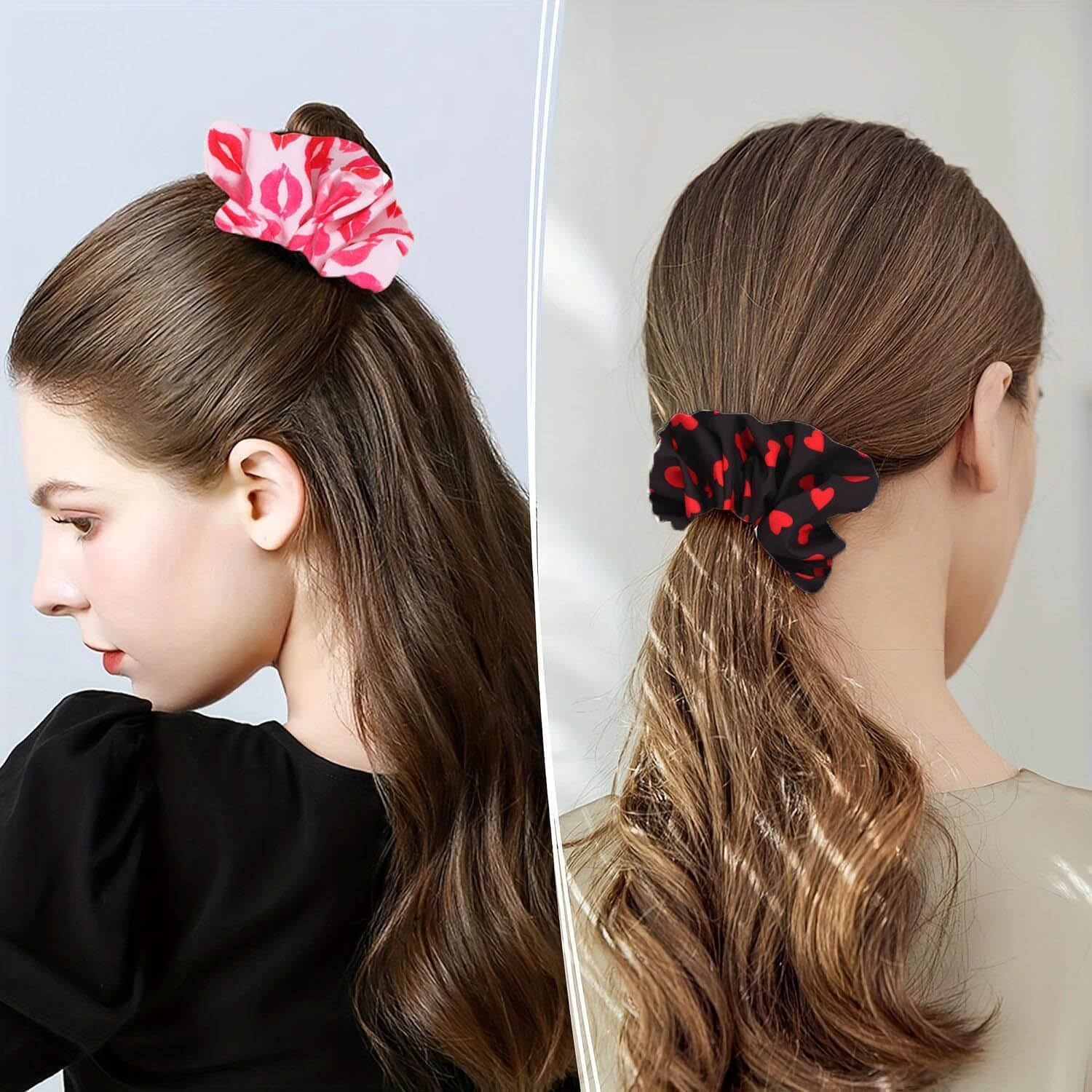 Heart Printed Hair Scrunchies for Girl, 4Pcs Valentines Hair Ties Heart Printed Hair Scrunchie,Valentine Red Lips Printed Hair Scrunchie,Valentine'S Day Hair Scrunchie Pink Red Heart Design Hair Ties