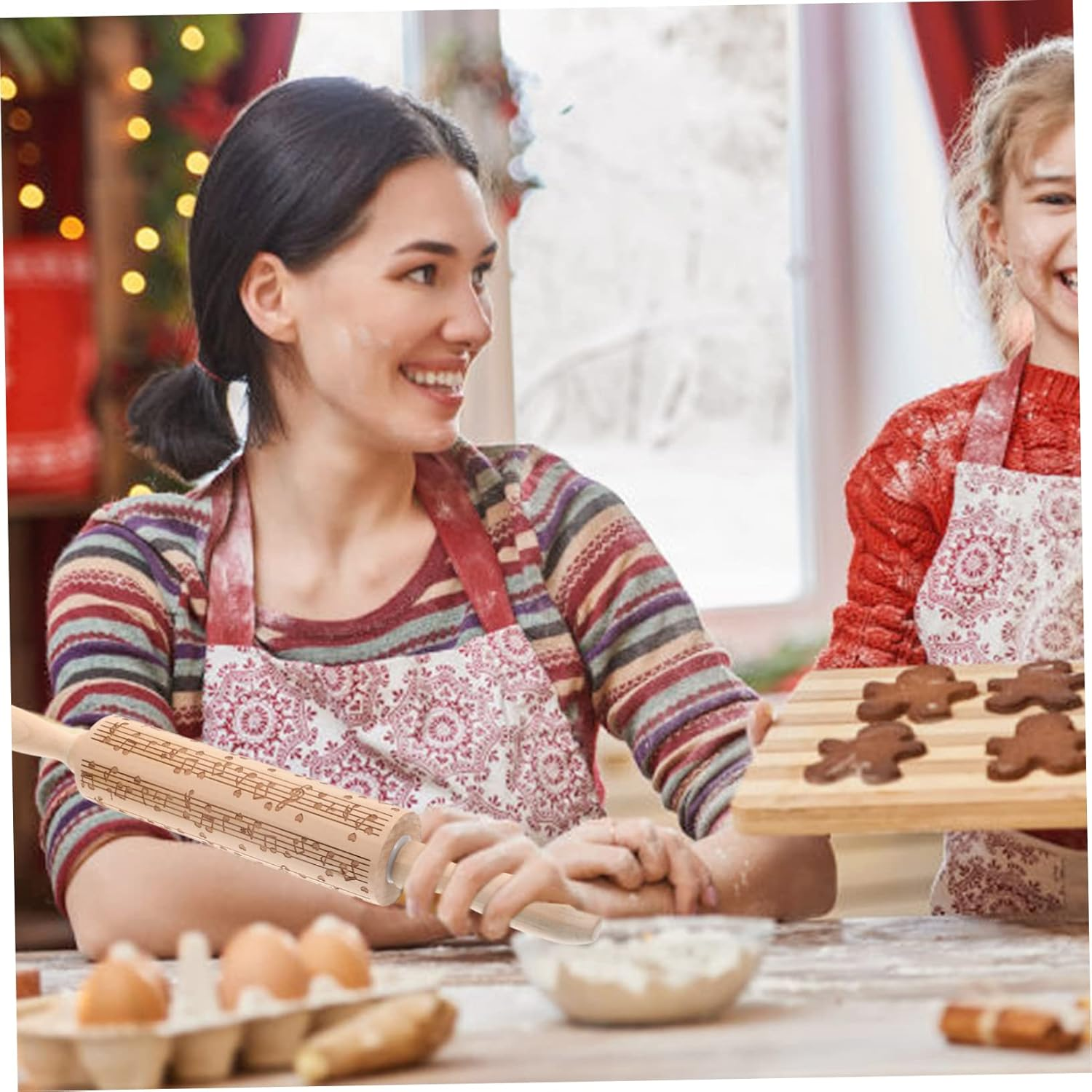 Engraved Wooden Rolling Pin for Baking with Smooth Dough Roller Nonstick Dough Press Stick Reusable Pastry Rolling Pin image number 4