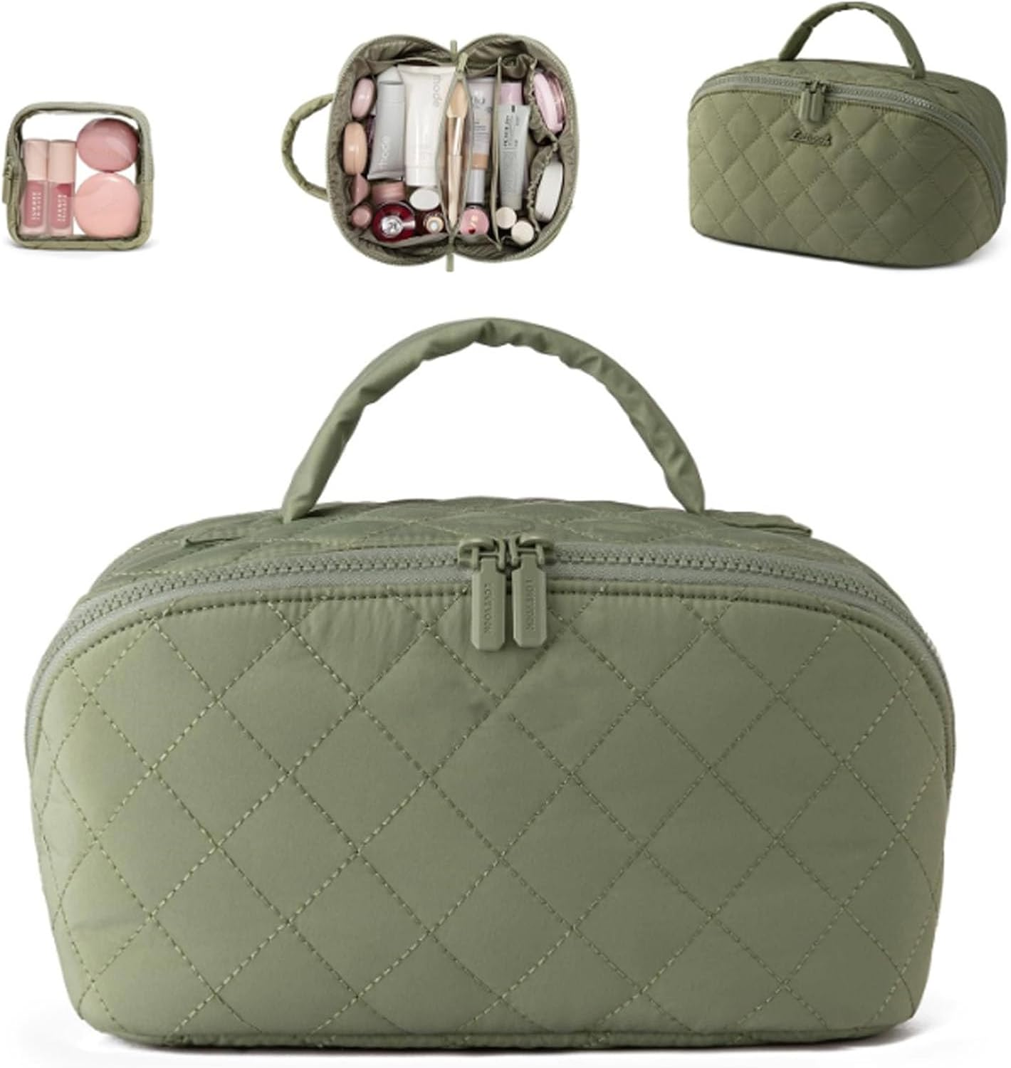 Petition Makeup Bag for Woman, Festivalment Makeup Bag, Wide Open Lay-Flat Water-Resistant Cosmetic Case, Puffy Padded Organizer for Toiletries & Brushes Large Capacitys with Compartments (Green)
