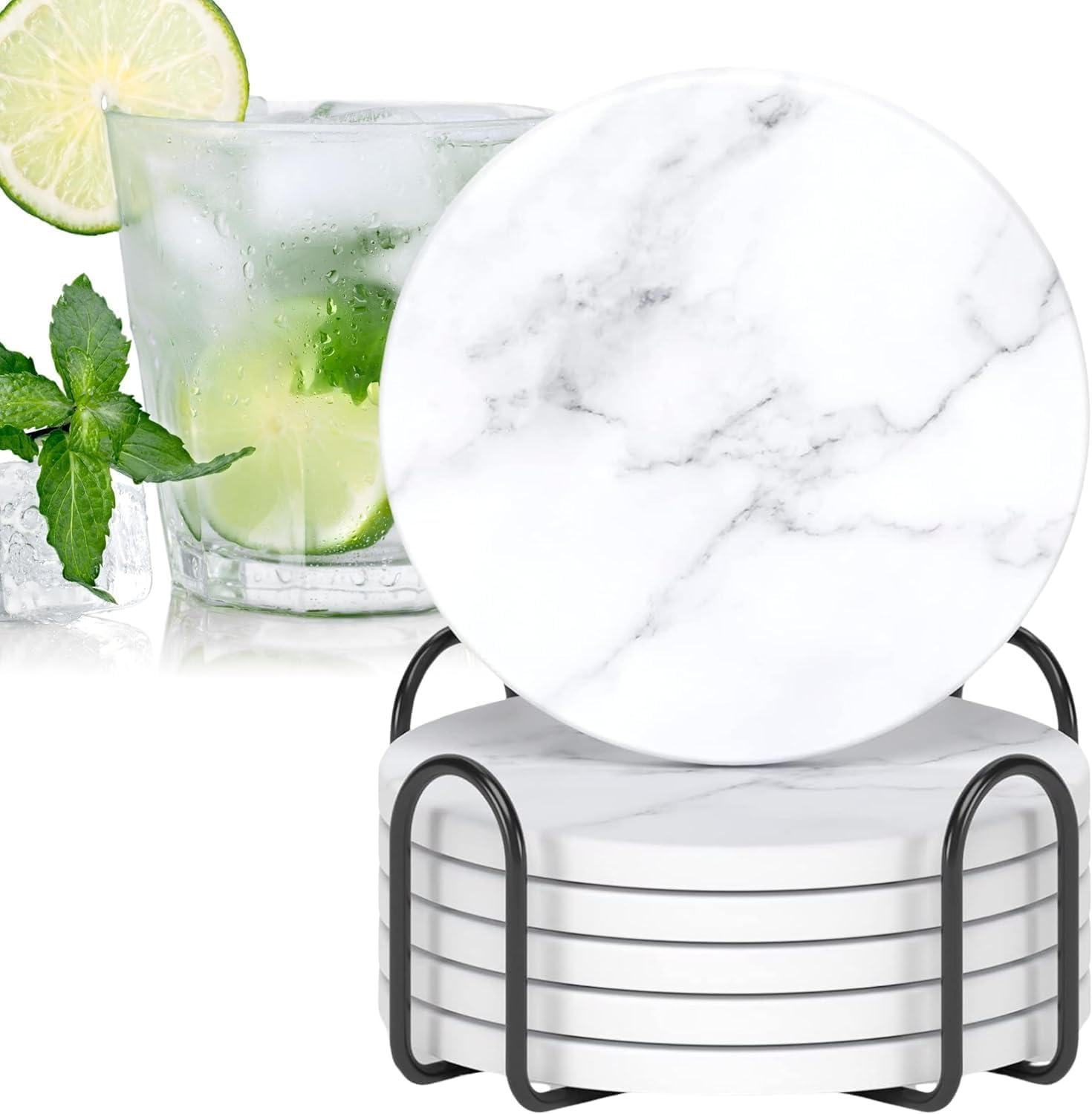 QYINXIU Coasters for Drinks Set of 6, Absorbent Coasters with Holder, Housewarming Home Decor, Suitable for Kinds of Cups (Pattern)