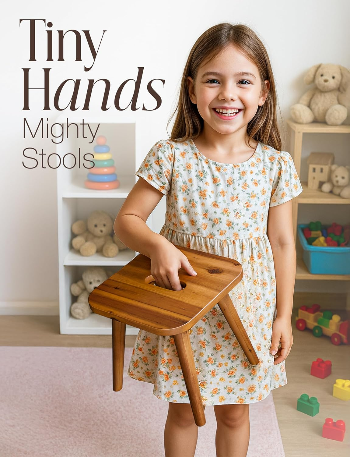 HOLANA 25Cm Acacia Wooden Step Stools for Kids - Wooden Stool, Wooden Plant Stools, Plant Stand - Wood Sitting Stool for Kitchen, Bathroom, Bedroom (Square) image number 2