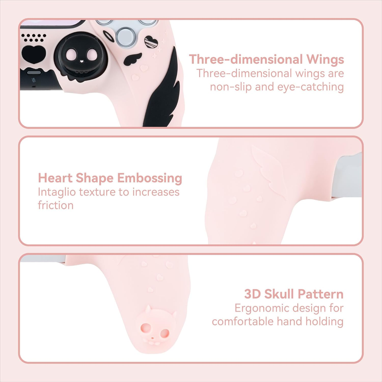 Geekshare PS5 Controller Skin Set,Anti-Slip Silicone Protective Cover Skin Case for PS5 Wireless Controller with 2 Thumb Grip Caps and 1 Sticker - Sweetheart Skull (Pink)