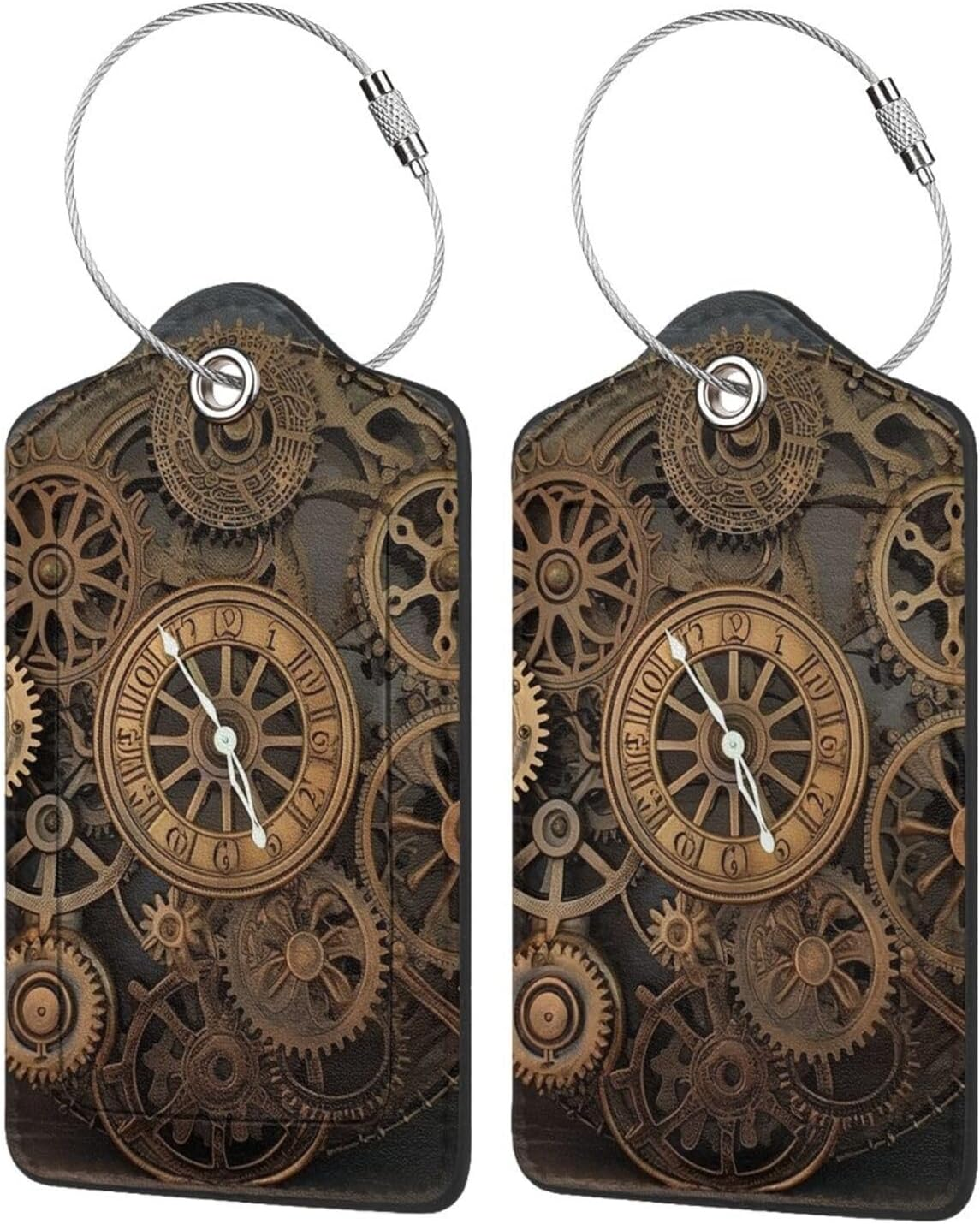 Dwrepo PU Leather Luggage Tags for Suitcases Steampunk Gears Clock Baggage Tags Travel Bag Labels Privacy Cover ID Label with Steel Loops Suitcase Tags for Women Men, 1, Black image number 2