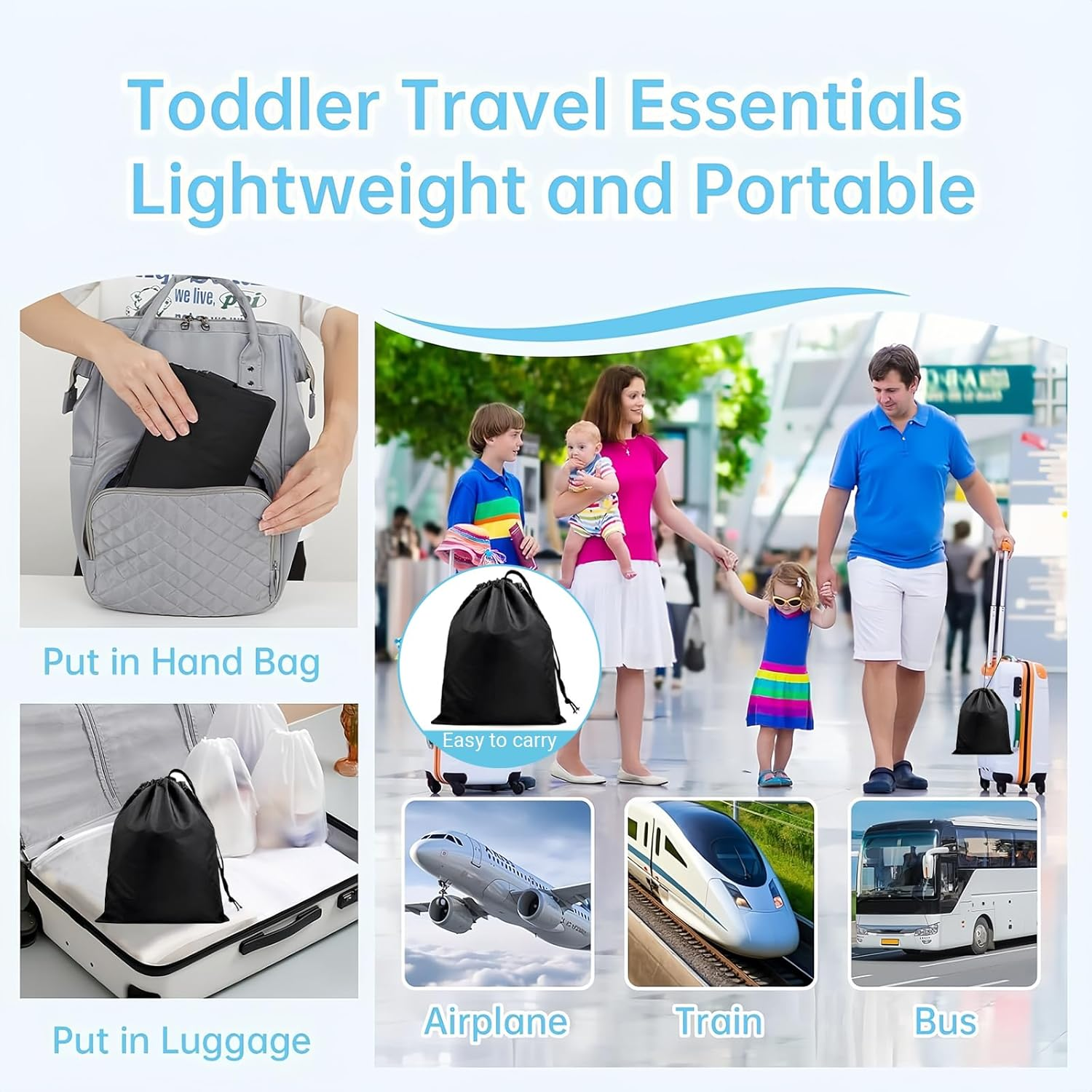 Toddler Airplane Bed, Black Portable Kids Airplane Seat Extender Travel Bed, Baby Plane Safe Essentials with Drawstring Bag, Long Trip Toddler Travel Essentials for Sleeping (31.3 X 17.3 Inches) image number 1