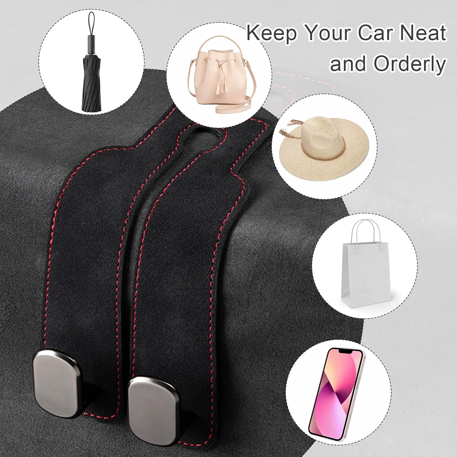 Debbery 2PCS Car Bag Hooks, Leather Car Seat Organiser Hooks, Multifunctional Back Seat Hooks for Headrest for Hanging Bags, Purses and Handbags image number 5