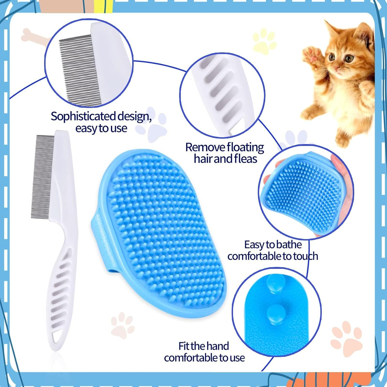 6-Piece Small Animal Grooming Set with Hair Remover, Nail Clipper, Flea Comb, Shampoo Brush for Rabbit, Hamster, Guinea Pig (Blue, One Size) image number 1