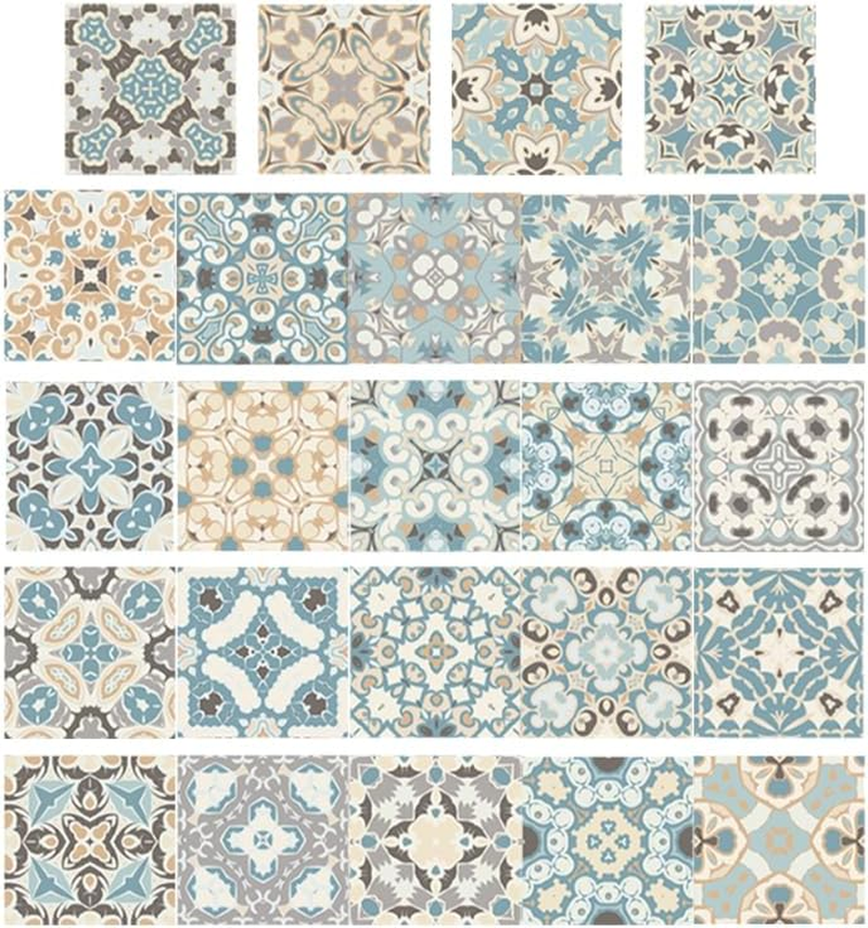 Bestonzon 24PCS Tile Stickers Stick Retro Style, 7.86Inch Wall Tiles Peel and Stick Adhesive Decals, Removable Decorative Tile Stickers Traditional DIY Murals Tile Stickers for Kitchen Bathroom