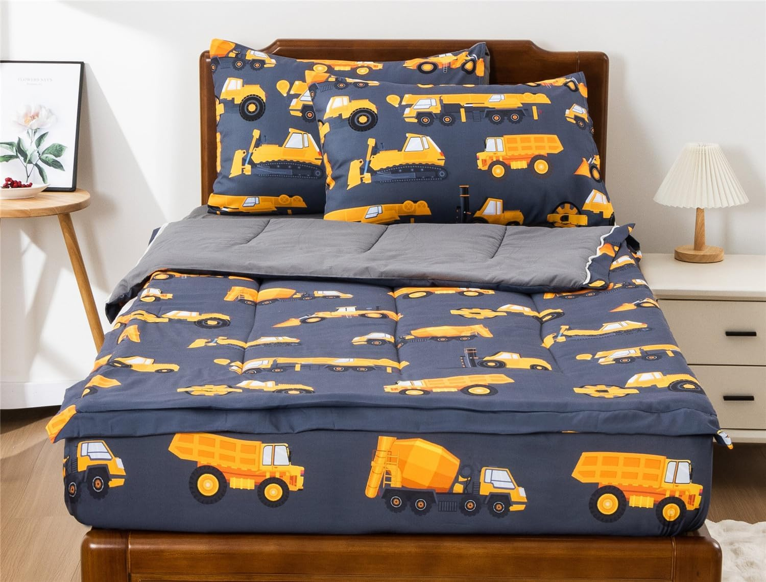 Meeting Story 3Pcs Kids Comforter Sets Zipper Bedding Set for Boys,Twin Kid Bedding Set Car Comforter Construction Bedding for Kid,All in One Zipper Bedding（Grey,Twin） image number 5