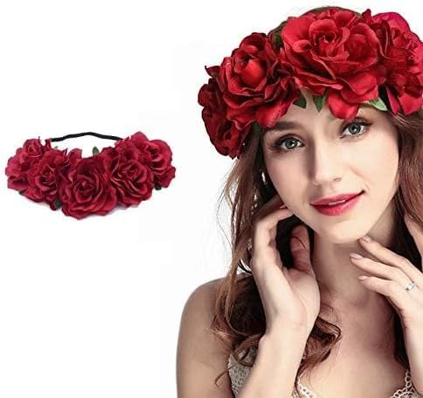 Rose Flower Crown, Floral Headband for Women and Girls - Red Artificial Rose Hair Wreath with Headband for Festival Wedding Party Decoration Photography