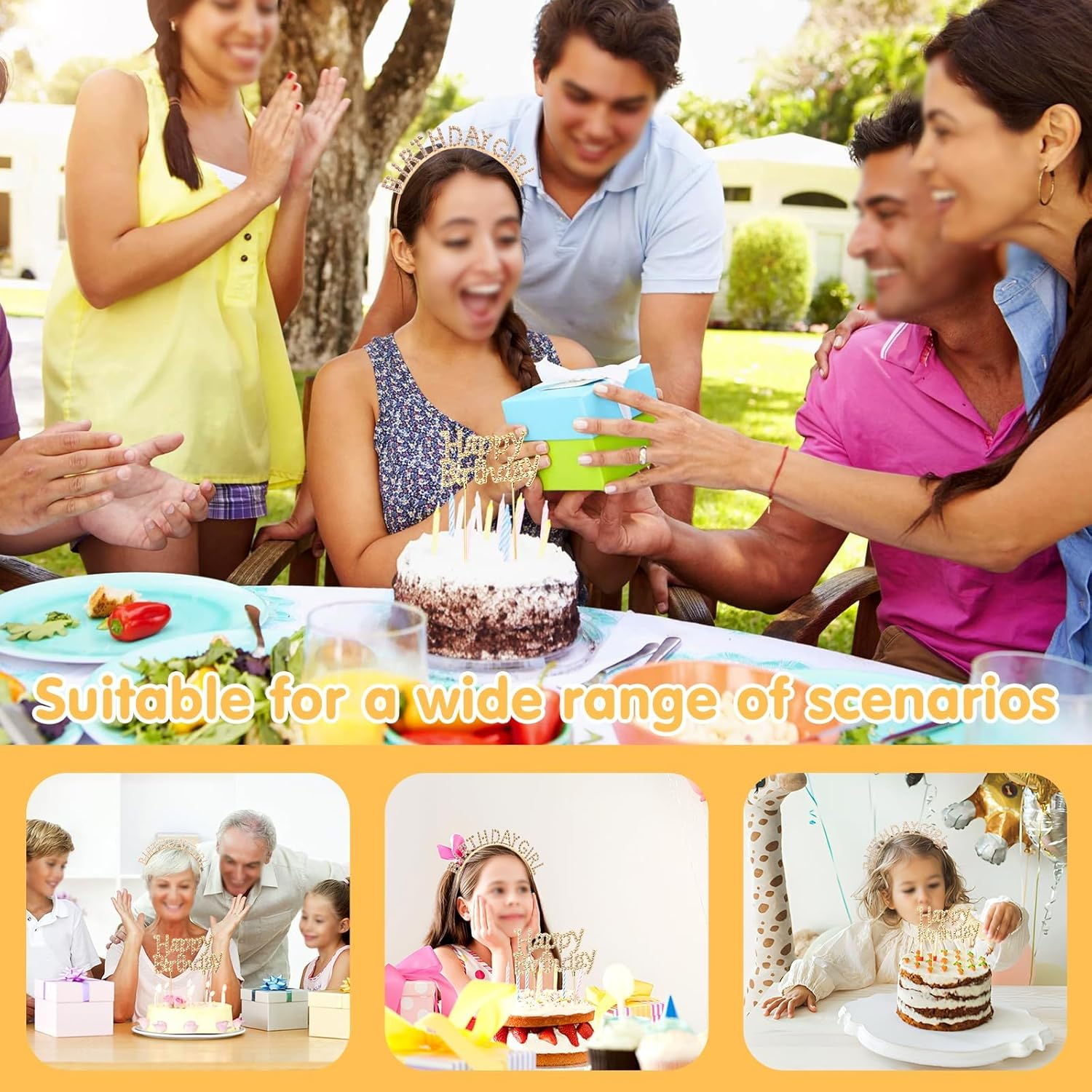 Mynoozi 2PCS Birthday Headband and Cake Topper Kit,Crown Happy Birthday Headband for Women Girls,Rhinestone Happy Birthday Accessories,Cake Decoration-Iron Gold image number 4